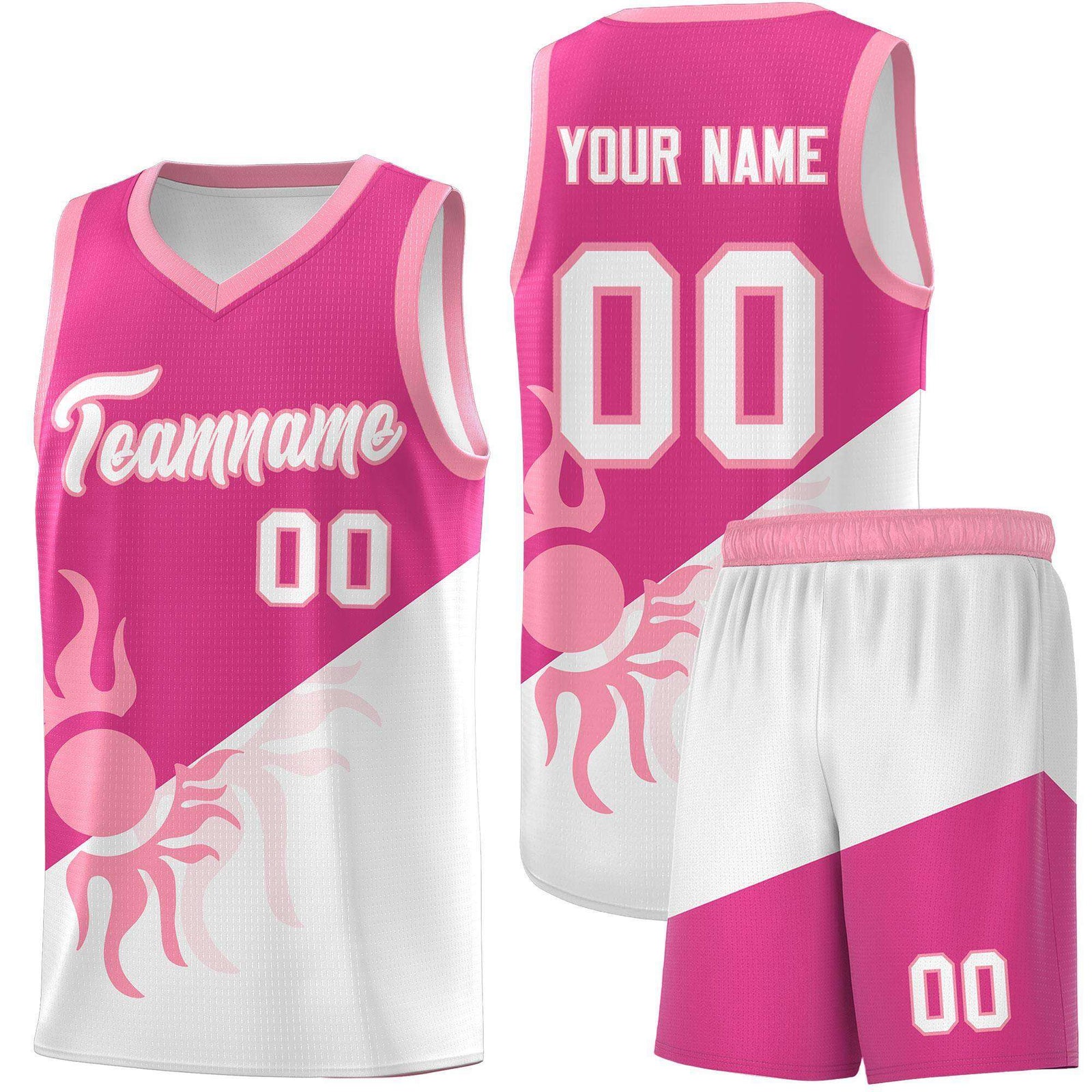 Custom Youth Basketball Jerseys - Rose Red White Radiant Sun Design Two Tone Uniforms