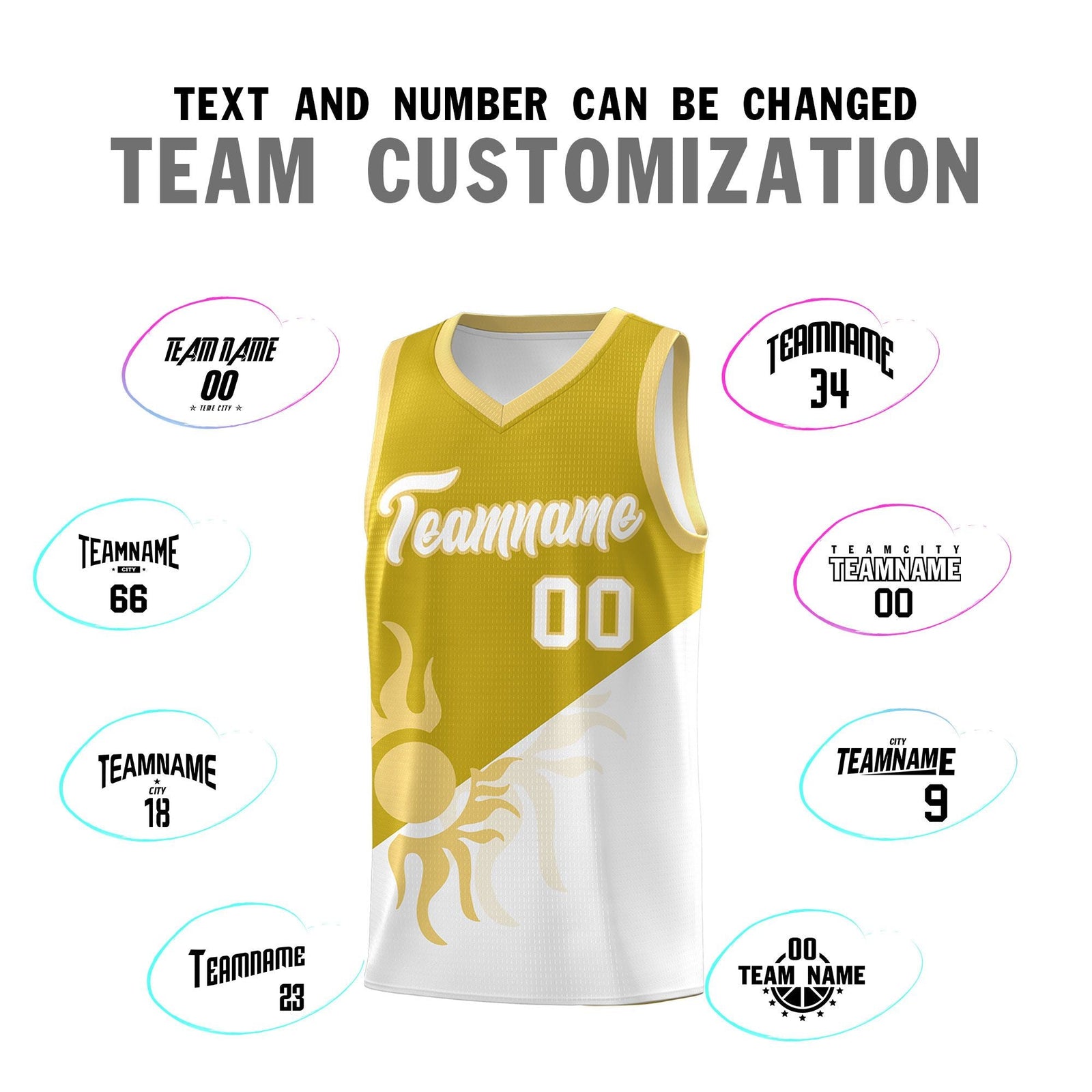 Custom Youth Basketball Jerseys - Old Gold White Radiant Sun Design Two Tone Uniforms