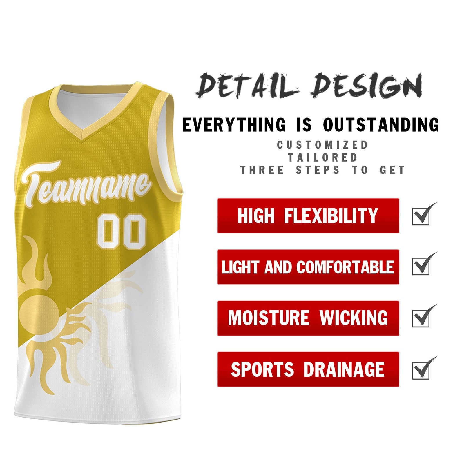 Custom Youth Basketball Jerseys - Old Gold White Radiant Sun Design Two Tone Uniforms