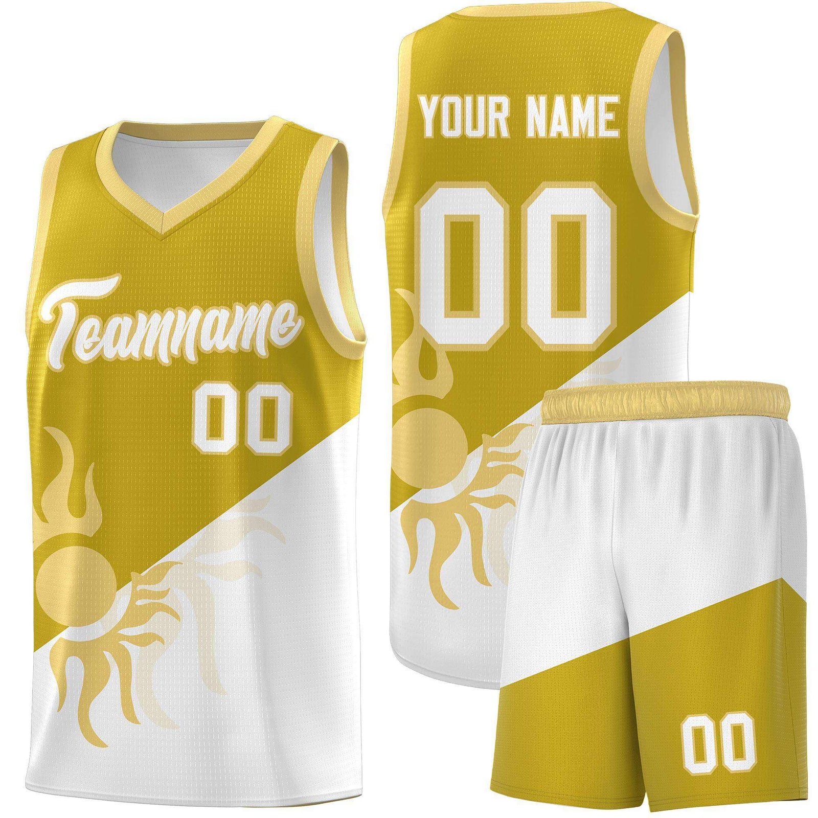Custom Youth Basketball Jerseys - Old Gold White Radiant Sun Design Two Tone Uniforms