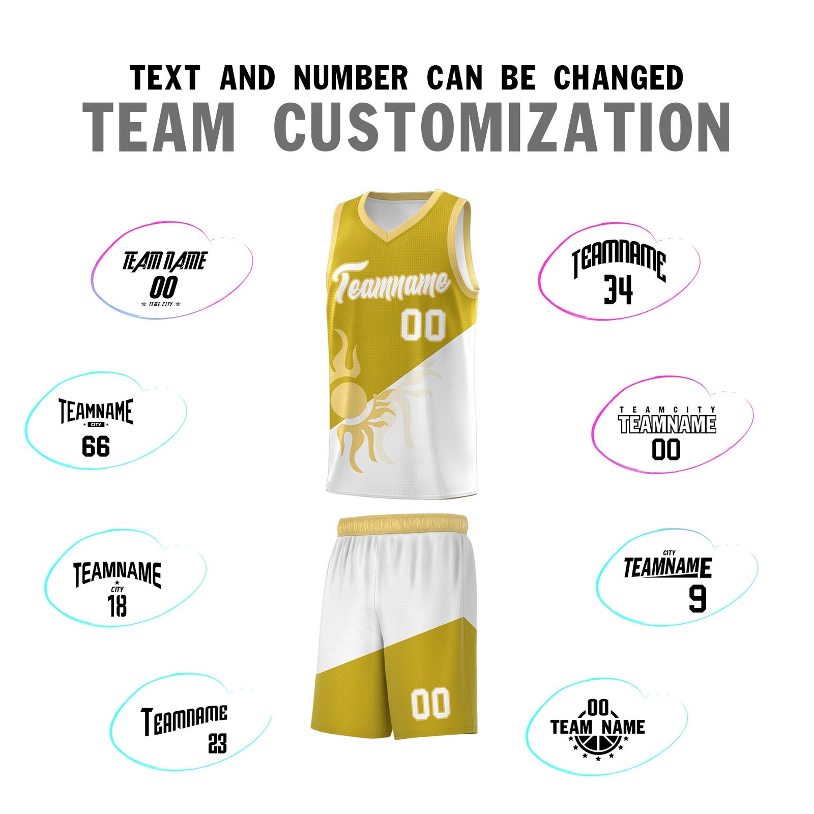 Custom Youth Basketball Jerseys - Old Gold White Radiant Sun Design Two Tone Uniforms