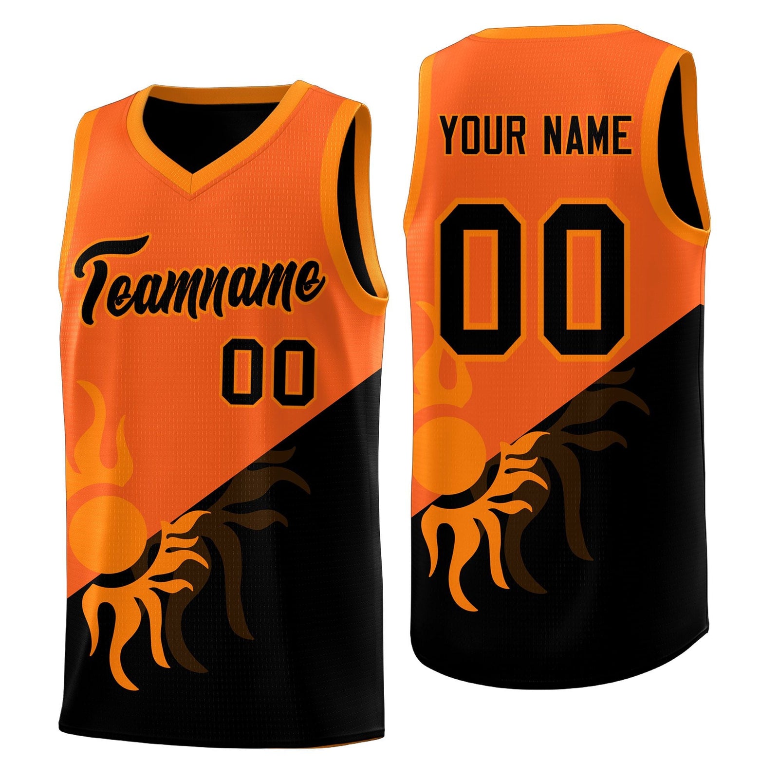 Custom Youth Basketball Jerseys - Orange Black Radiant Sun Design Two Tone Uniforms