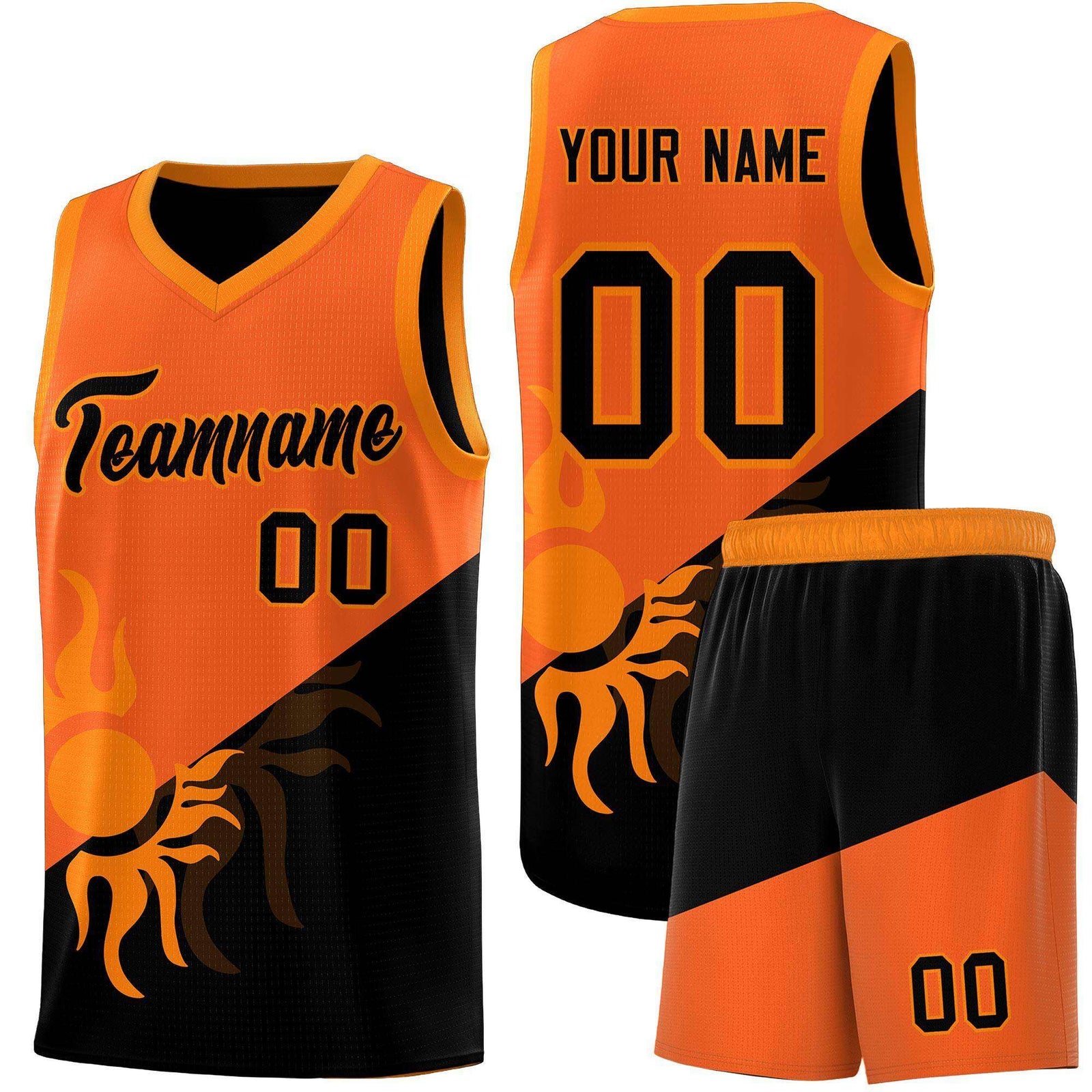 Custom Youth Basketball Jerseys - Orange Black Radiant Sun Design Two Tone Uniforms