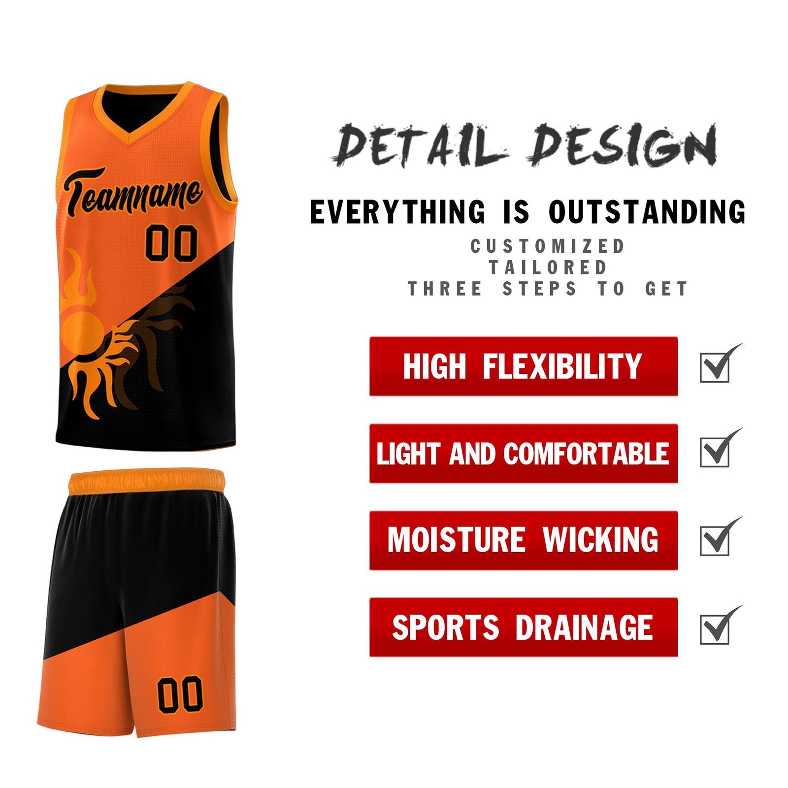 Custom Youth Basketball Jerseys - Orange Black Radiant Sun Design Two Tone Uniforms