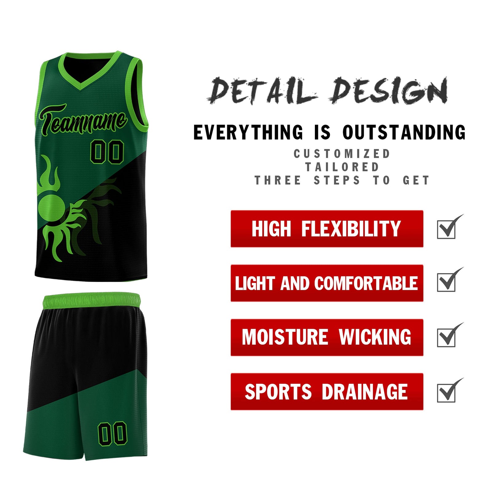 Custom Youth Basketball Jerseys - Kelly Green Black Radiant Sun Design Two Tone Uniforms