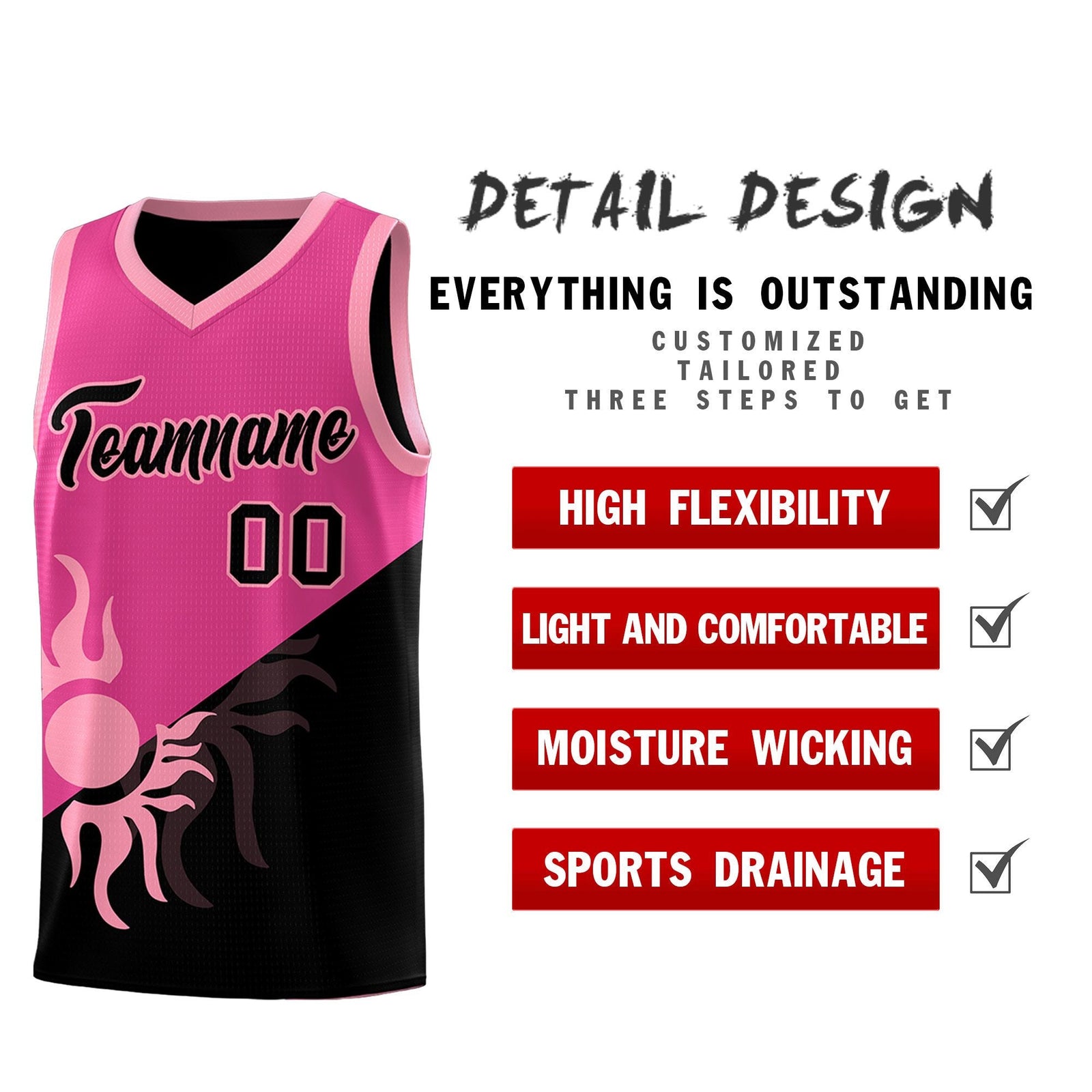 Custom Youth Basketball Jerseys - Rose Red Black Radiant Sun Design Two Tone Uniforms