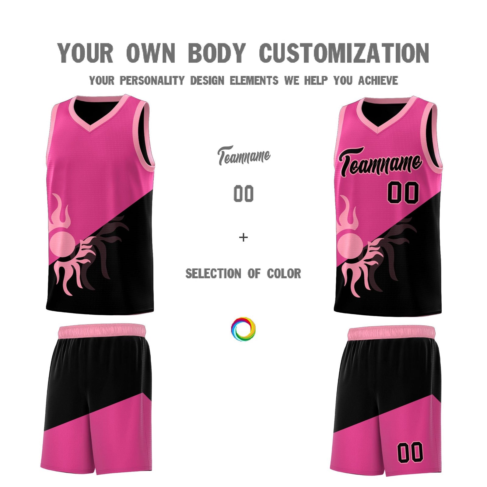 Custom Youth Basketball Jerseys - Rose Red Black Radiant Sun Design Two Tone Uniforms