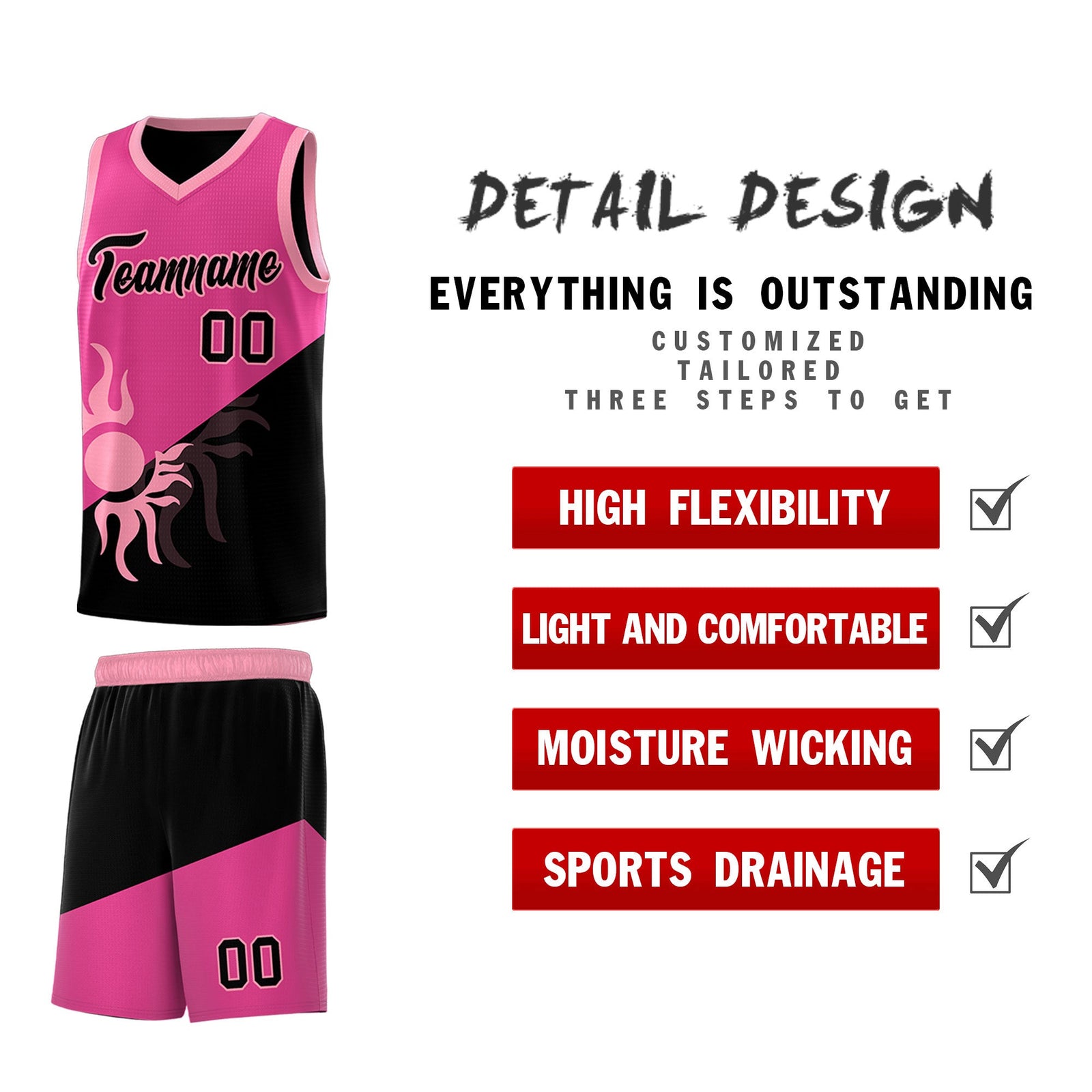 Custom Youth Basketball Jerseys - Rose Red Black Radiant Sun Design Two Tone Uniforms