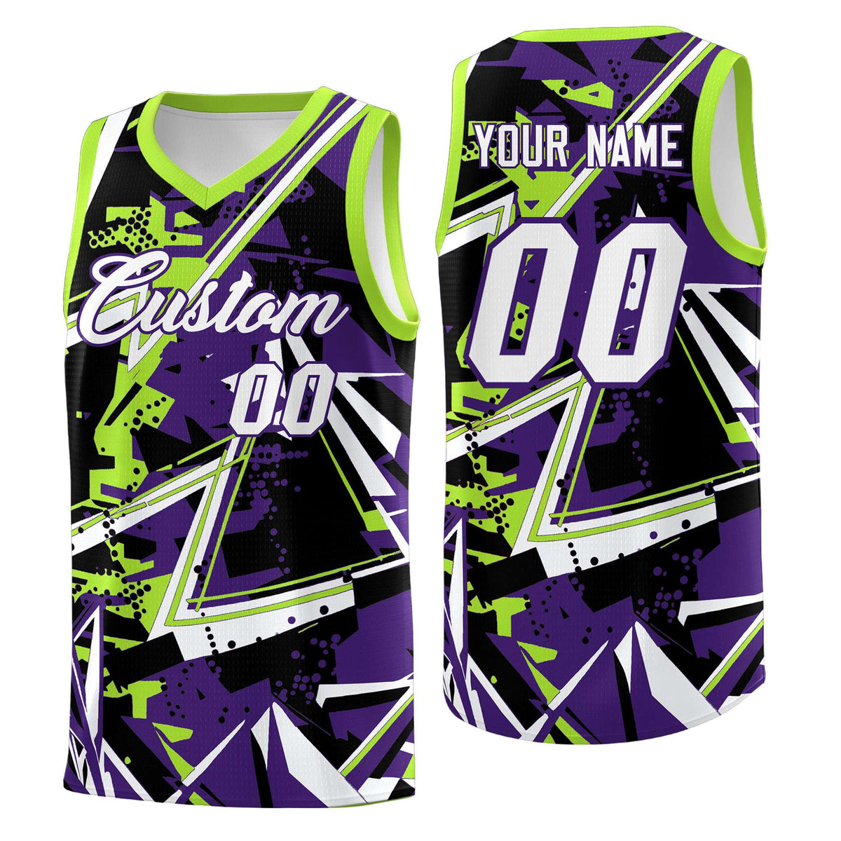 Custom Youth Basketball Jerseys Purple Neon Green Abstract Graffiti Personalized Team Name &amp; Number