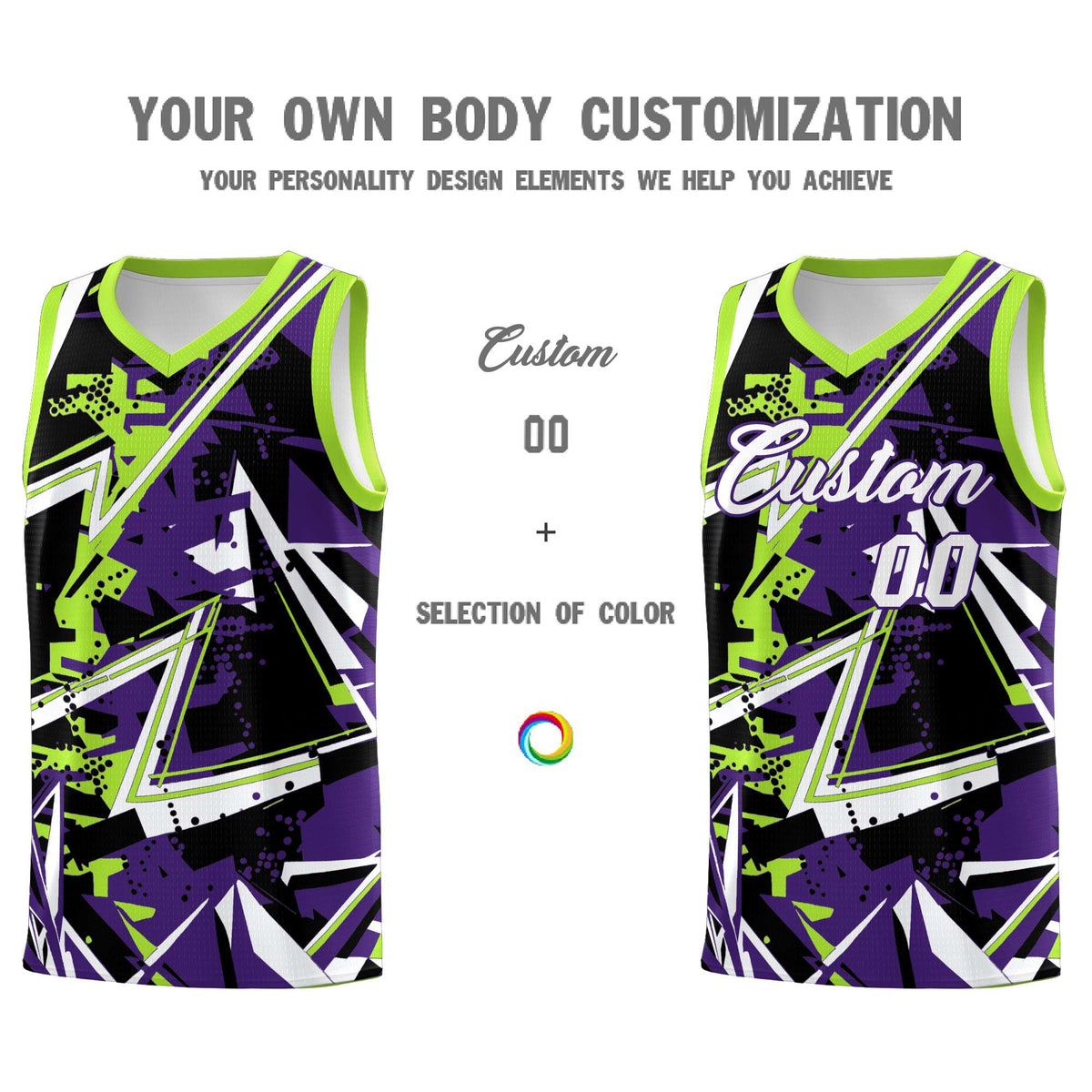 Custom Youth Basketball Jerseys Purple Neon Green Abstract Graffiti Personalized Team Name &amp; Number