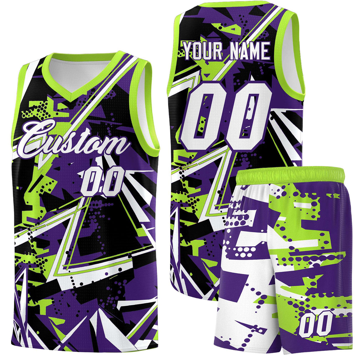 Custom Youth Basketball Jerseys Purple Neon Green Abstract Graffiti Personalized Team Name &amp; Number