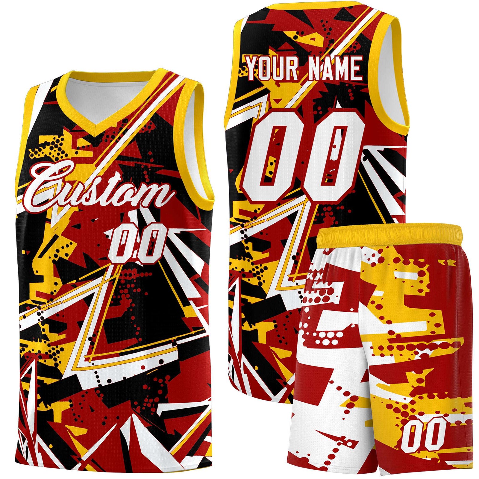 Custom Youth Basketball Jerseys Red Yellow Abstract Graffiti Personalized Street Style Uniform