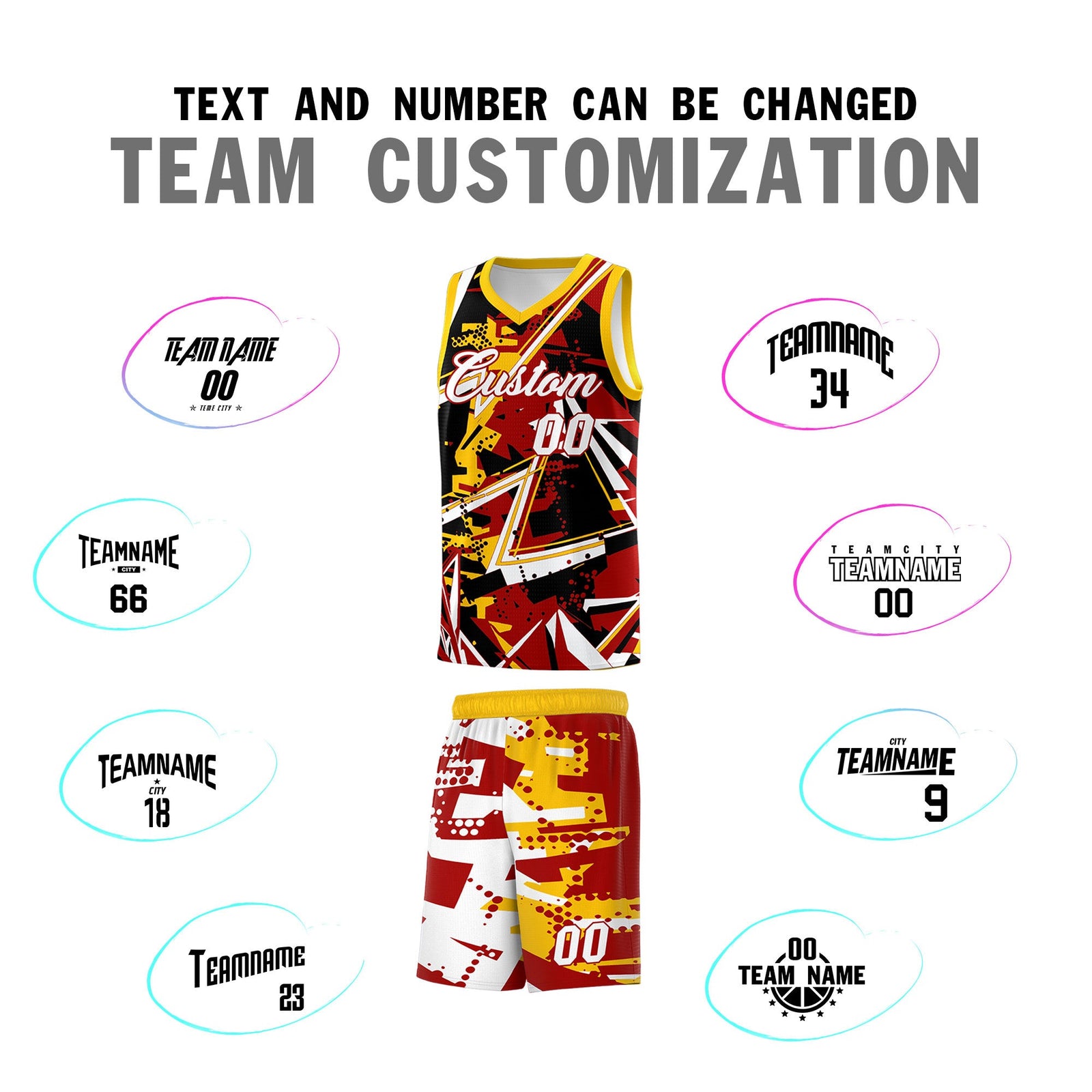 Custom Youth Basketball Jerseys Red Yellow Abstract Graffiti Personalized Street Style Uniform