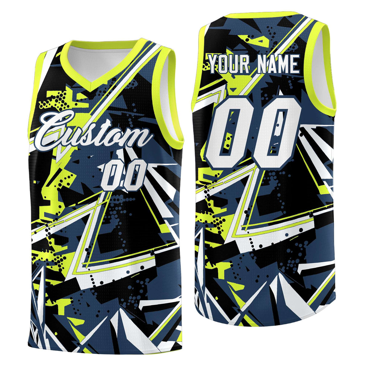 Custom Youth Basketball Jerseys Midnight Blue Fluorescent Green Abstract Graffiti Urban Style Personalized Uniform