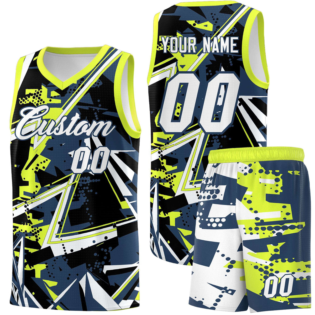 Custom Youth Basketball Jerseys Midnight Blue Fluorescent Green Abstract Graffiti Urban Style Personalized Uniform