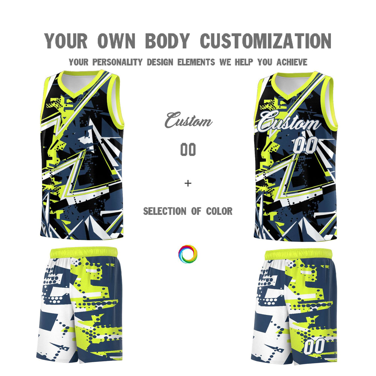 Custom Youth Basketball Jerseys Midnight Blue Fluorescent Green Abstract Graffiti Urban Style Personalized Uniform