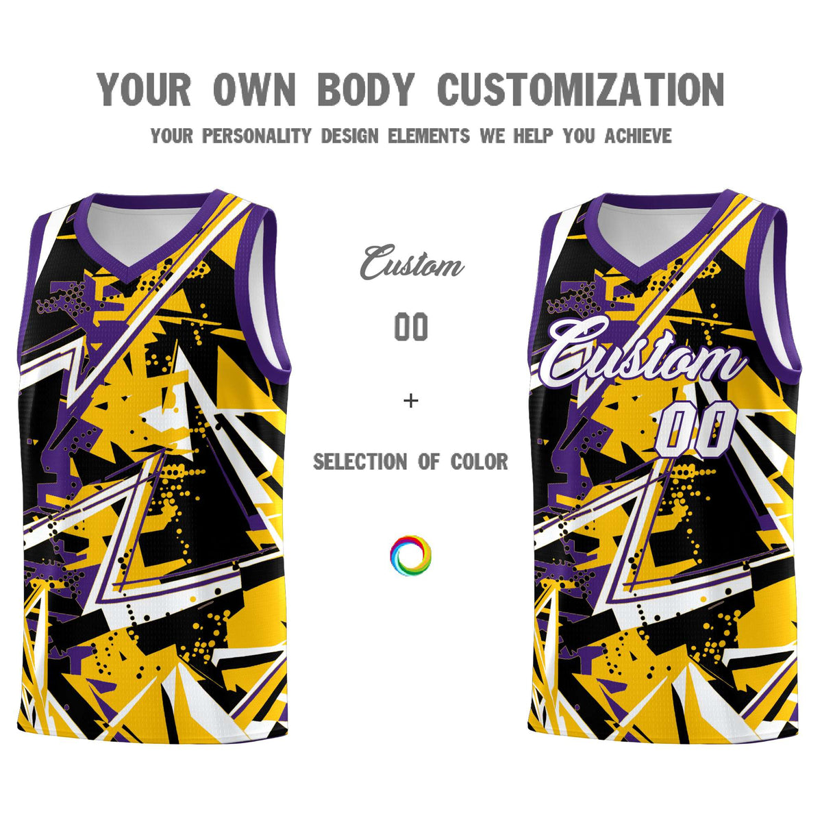Custom Youth Basketball Jerseys Yellow Purple Abstract Graffiti Personalized Team Name &amp; Number