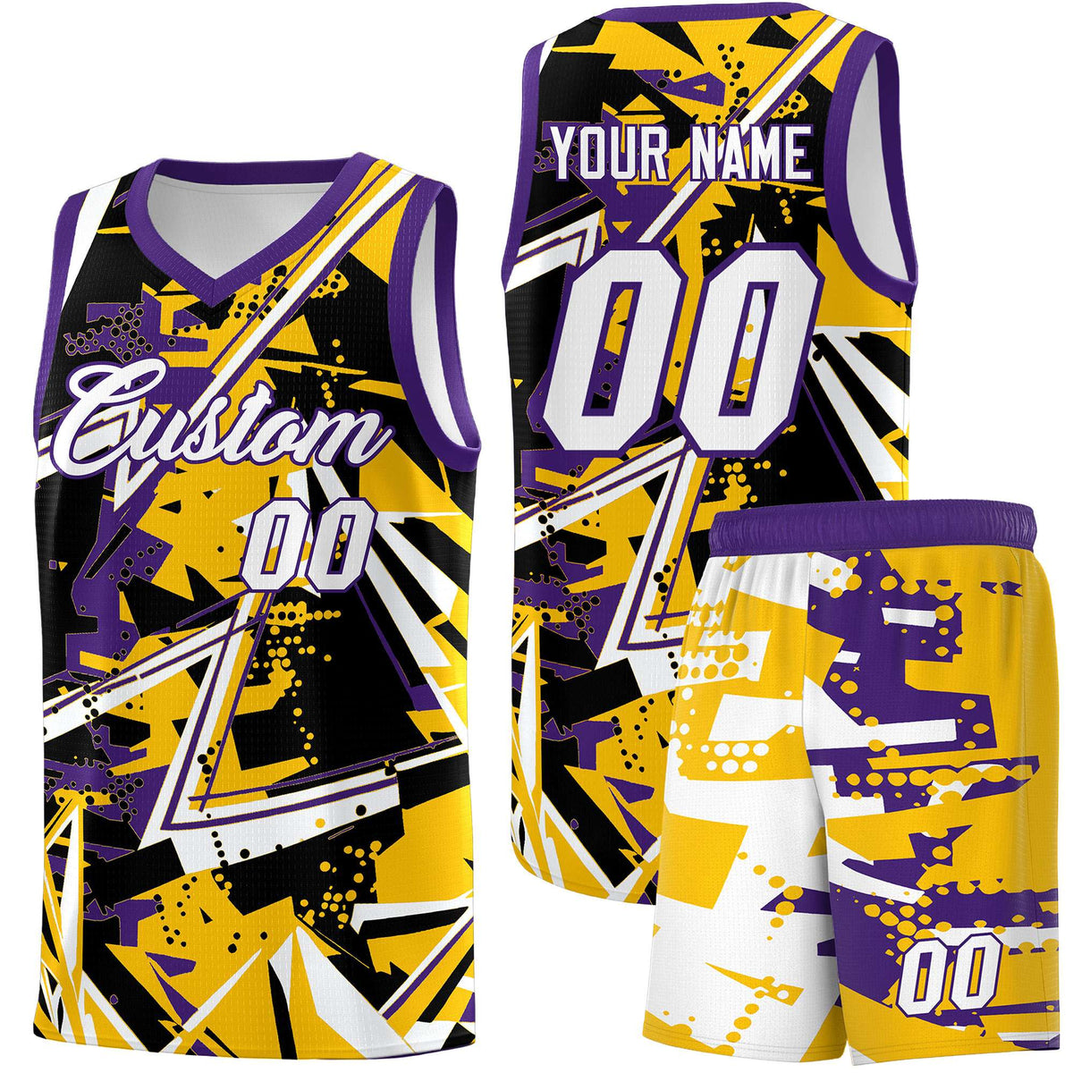 Custom Youth Basketball Jerseys Yellow Purple Abstract Graffiti Personalized Team Name &amp; Number