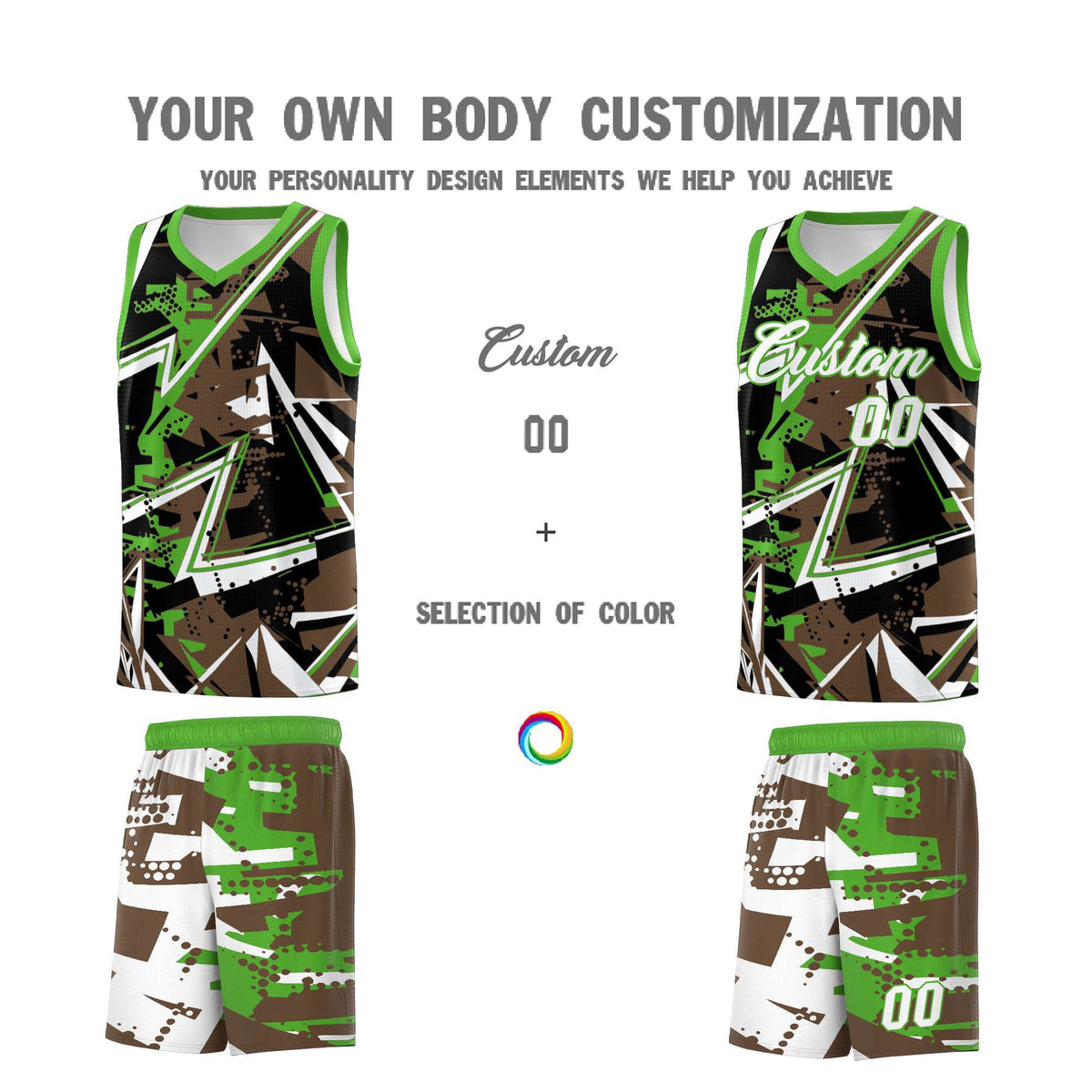 Custom Youth Basketball Jerseys Light Brown Light Green Abstract Graffiti Personalized Street Style Uniform