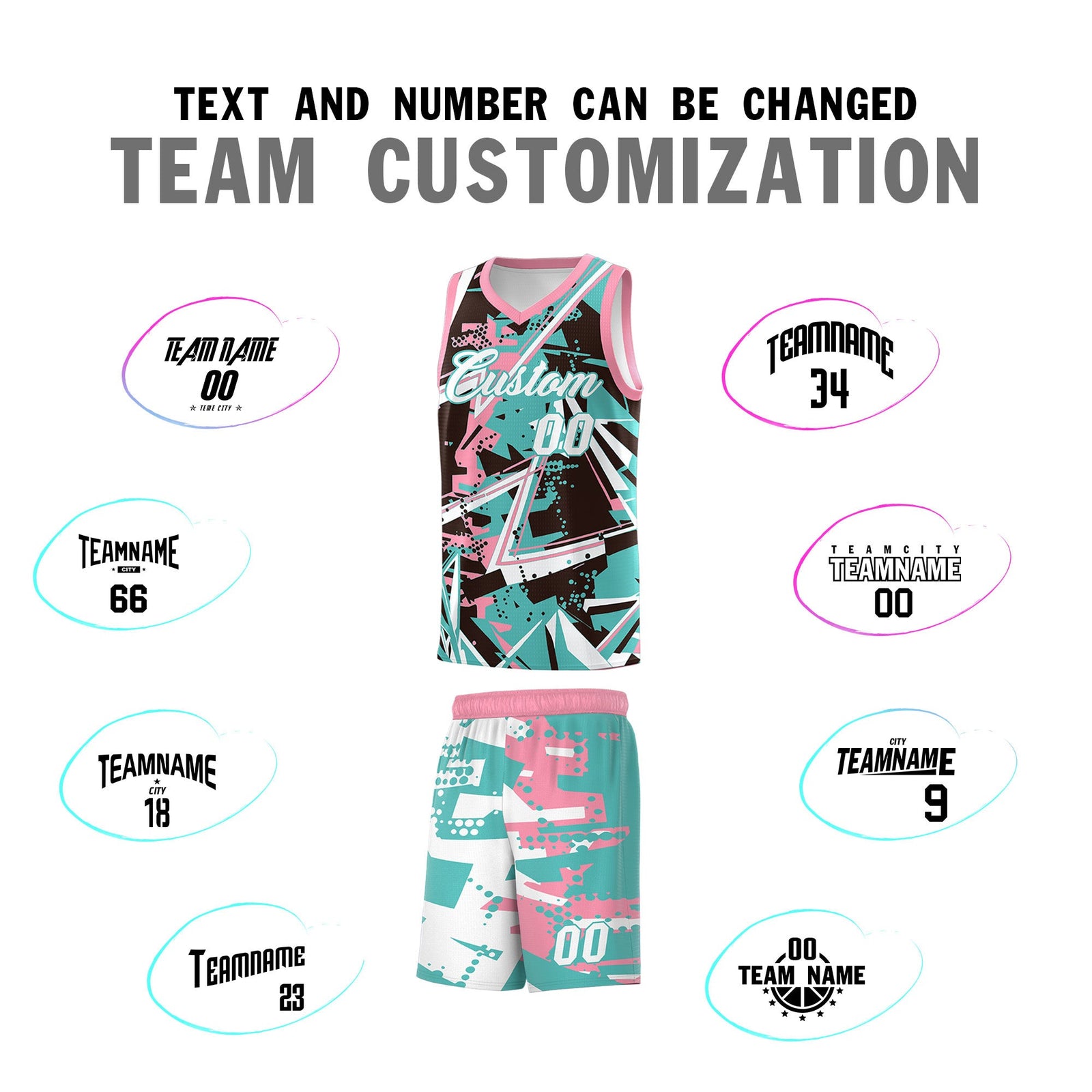 Custom Youth Basketball Jerseys Teal Pink Abstract Graffiti Urban Style Personalized Uniform