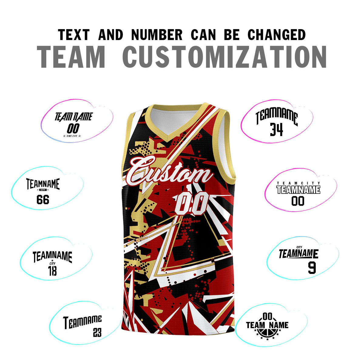 Custom Youth Basketball Jerseys Red Old Gold Abstract Graffiti Personalized Team Name &amp; Number