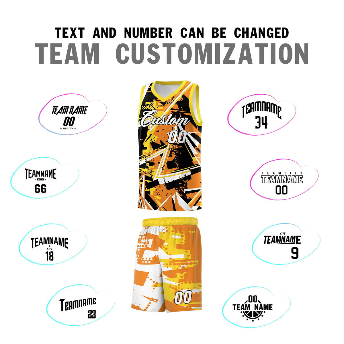 Custom Youth Basketball Jerseys Orange Gold Abstract Graffiti Personalized Street Style Uniform