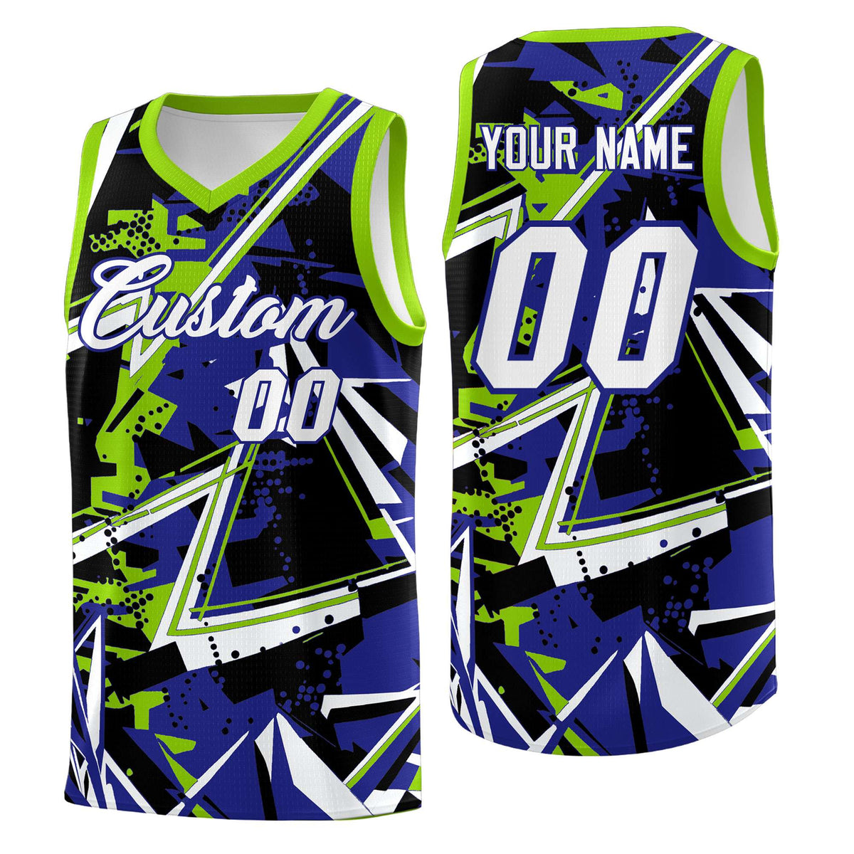 Custom Youth Basketball Jerseys Royal Neon Green Abstract Graffiti Urban Style Personalized Uniform