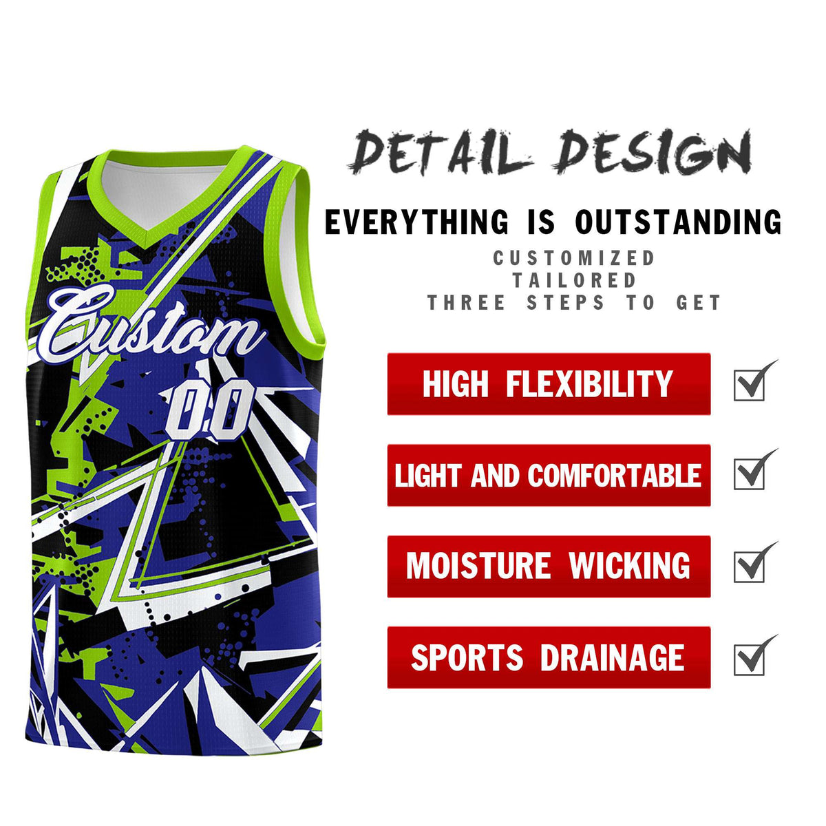 Custom Youth Basketball Jerseys Royal Neon Green Abstract Graffiti Urban Style Personalized Uniform