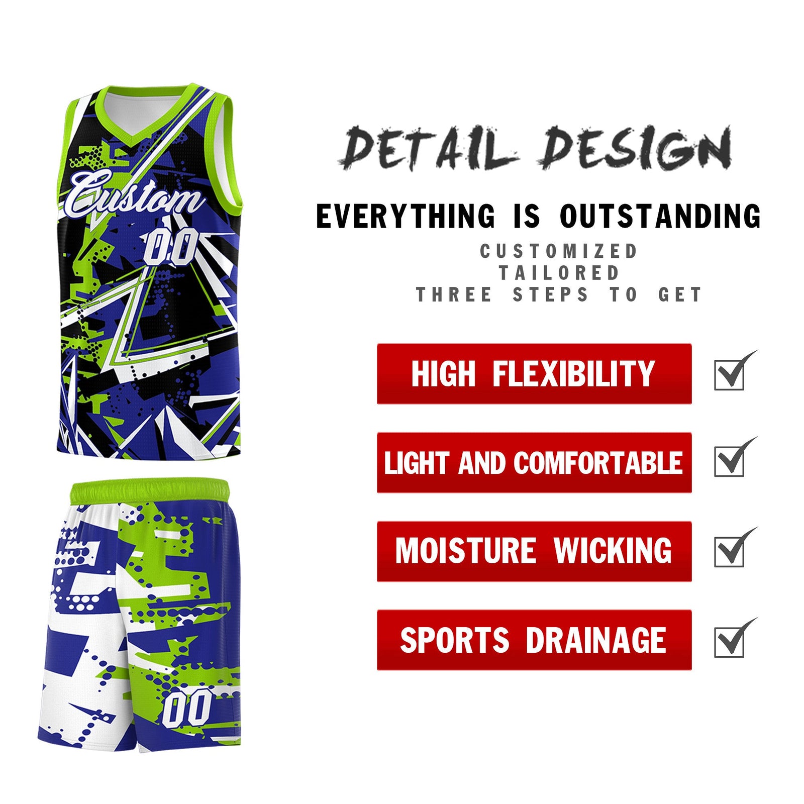 Custom Youth Basketball Jerseys Royal Neon Green Abstract Graffiti Urban Style Personalized Uniform