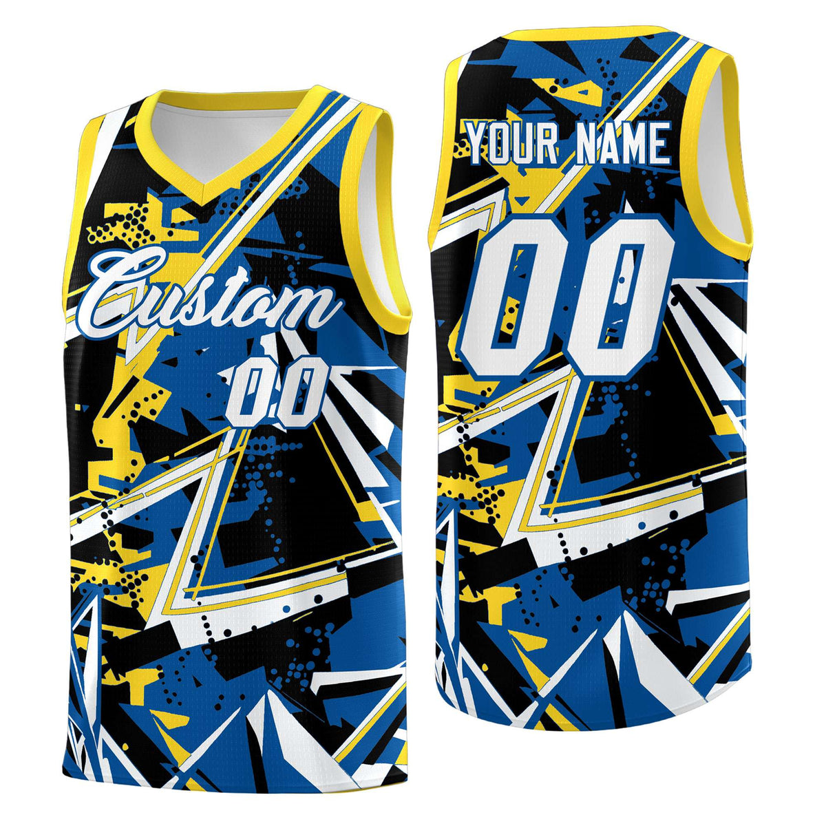 Custom Youth Basketball Jerseys Royal Gold Abstract Graffiti Personalized Team Name &amp; Number