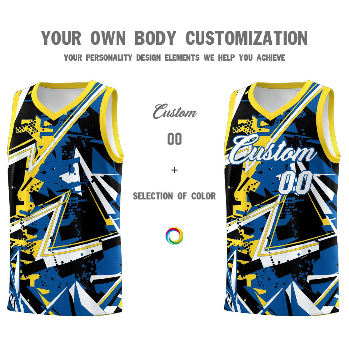 Custom Youth Basketball Jerseys Royal Gold Abstract Graffiti Personalized Team Name &amp; Number