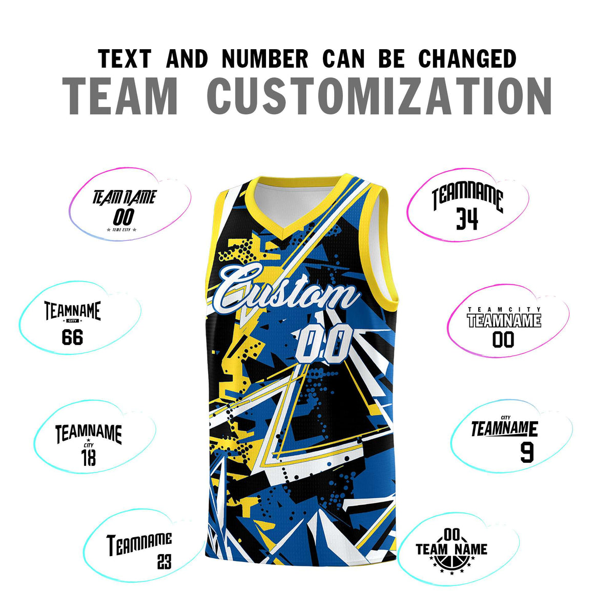 Custom Youth Basketball Jerseys Royal Gold Abstract Graffiti Personalized Team Name &amp; Number