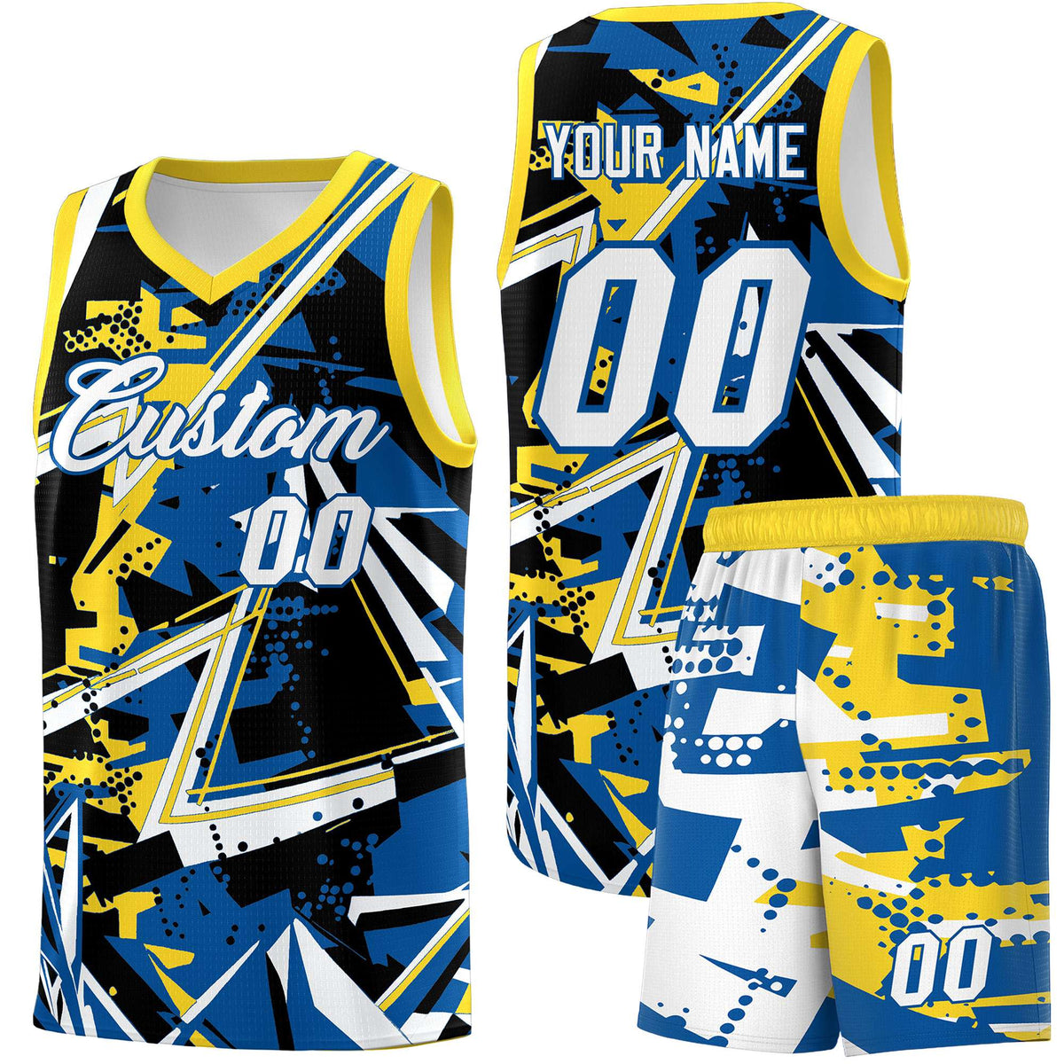 Custom Youth Basketball Jerseys Royal Gold Abstract Graffiti Personalized Team Name &amp; Number