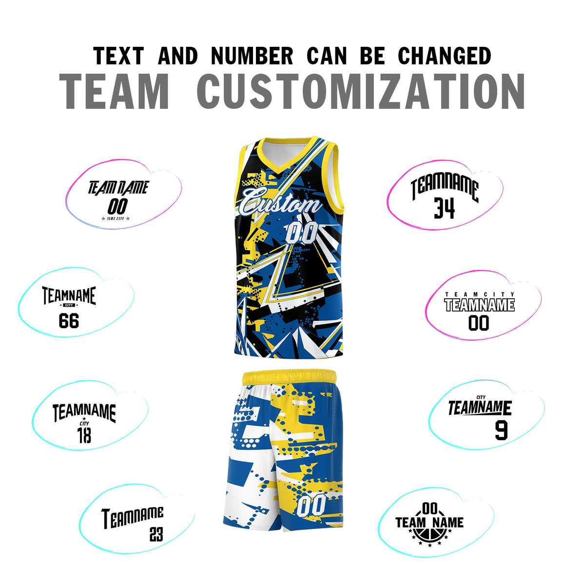 Custom Youth Basketball Jerseys Royal Gold Abstract Graffiti Personalized Team Name &amp; Number