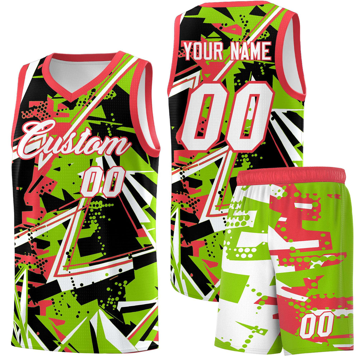 Custom Youth Basketball Jerseys Neon Green Light Red Abstract Graffiti Personalized Street Style Uniform