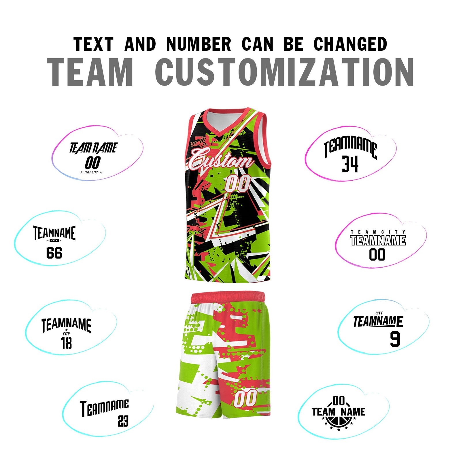 Custom Youth Basketball Jerseys Neon Green Light Red Abstract Graffiti Personalized Street Style Uniform