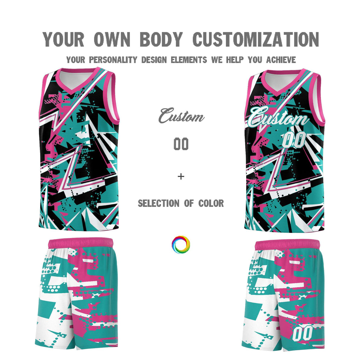 Custom Youth Basketball Jerseys Aqua Rose Red Abstract Graffiti Urban Style Personalized Uniform