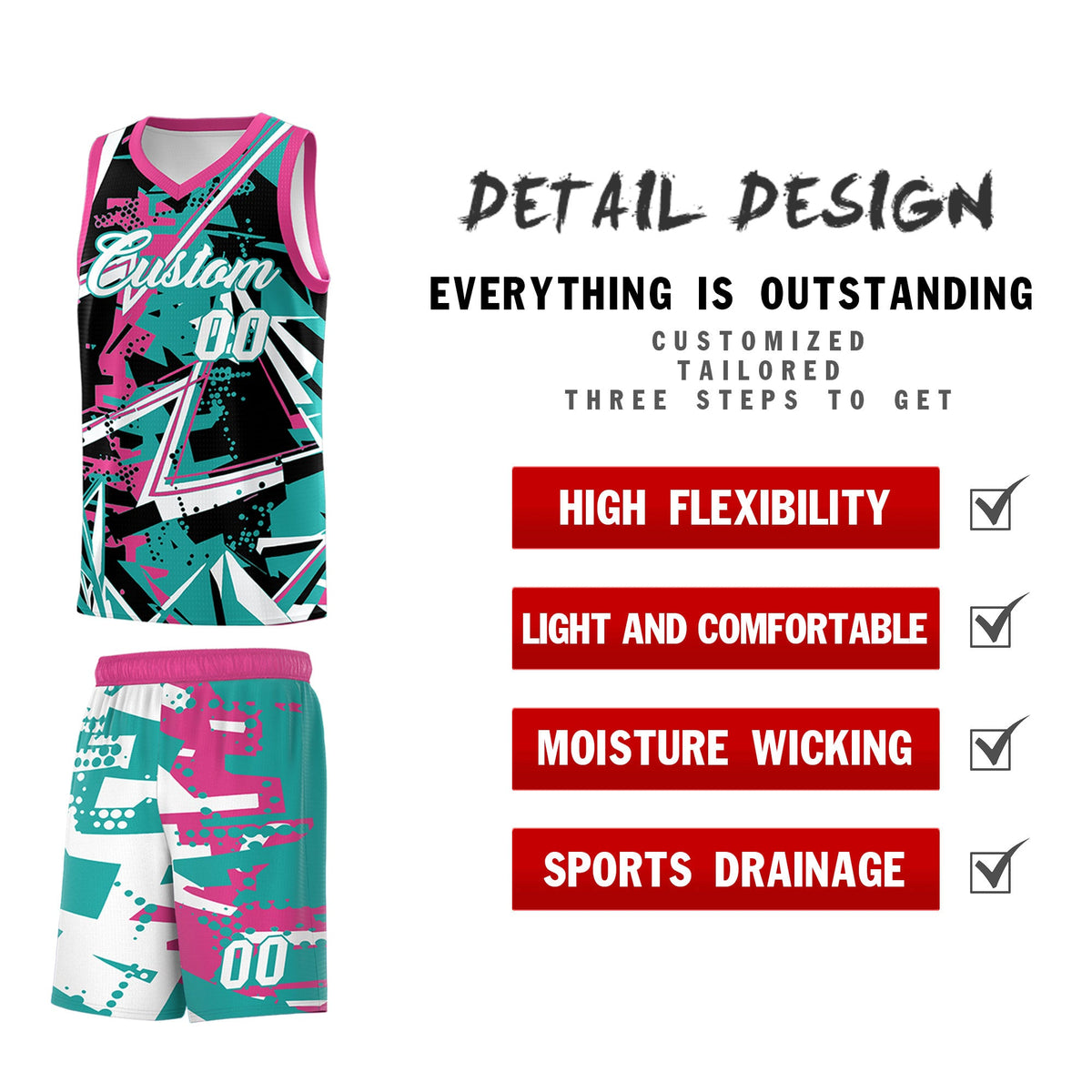 Custom Youth Basketball Jerseys Aqua Rose Red Abstract Graffiti Urban Style Personalized Uniform