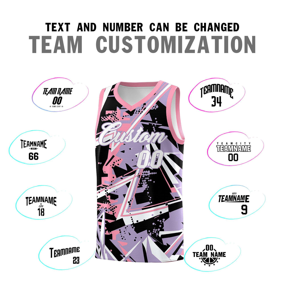 Custom Youth Basketball Jerseys Light Purple Pink Abstract Graffiti Personalized Team Name &amp; Number