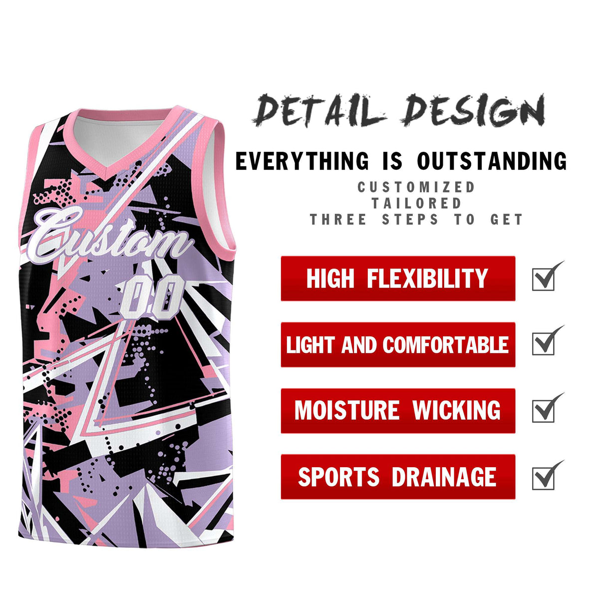 Custom Youth Basketball Jerseys Light Purple Pink Abstract Graffiti Personalized Team Name &amp; Number