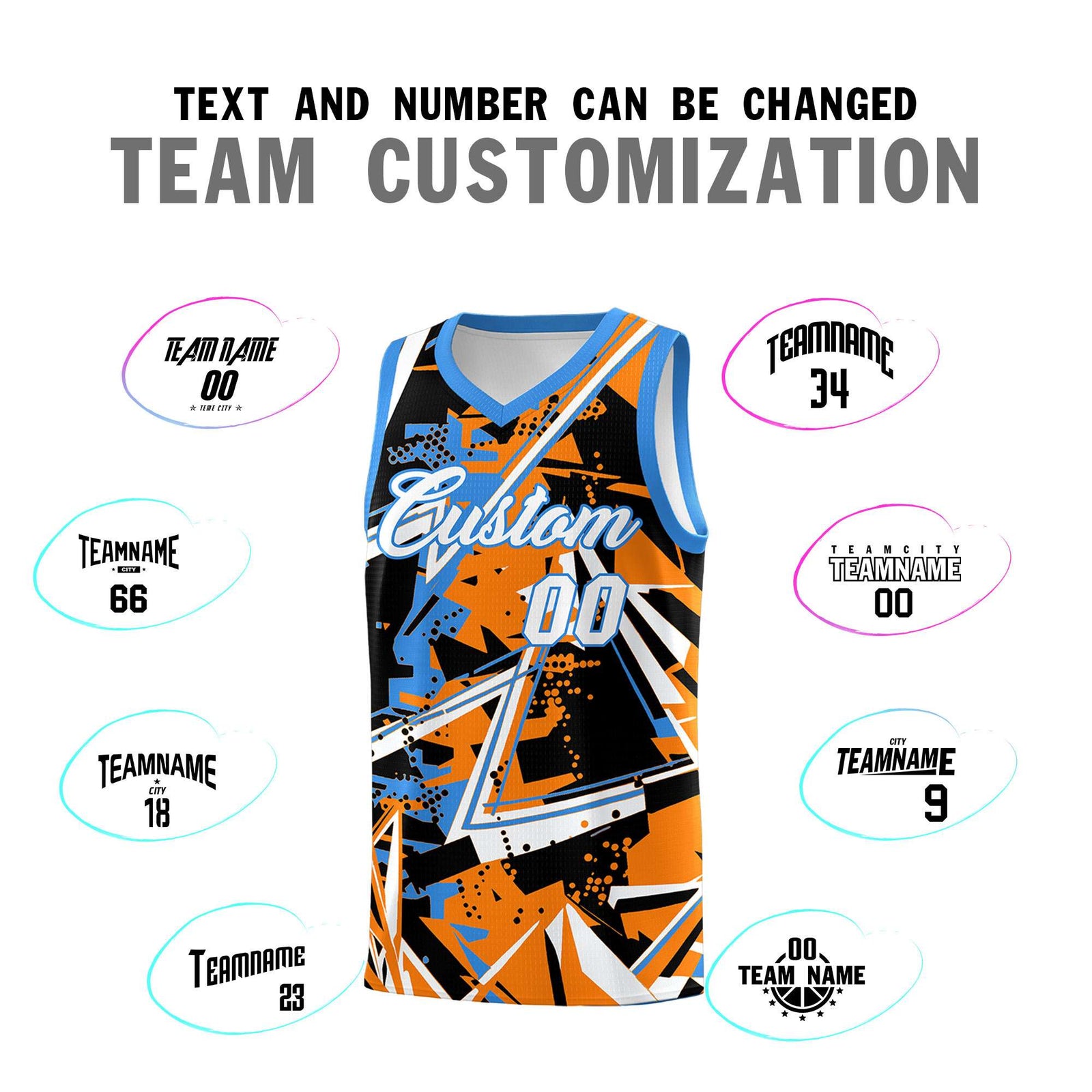 Custom Youth Basketball Jerseys Orange Light Blue Abstract Graffiti Personalized Street Style Uniform