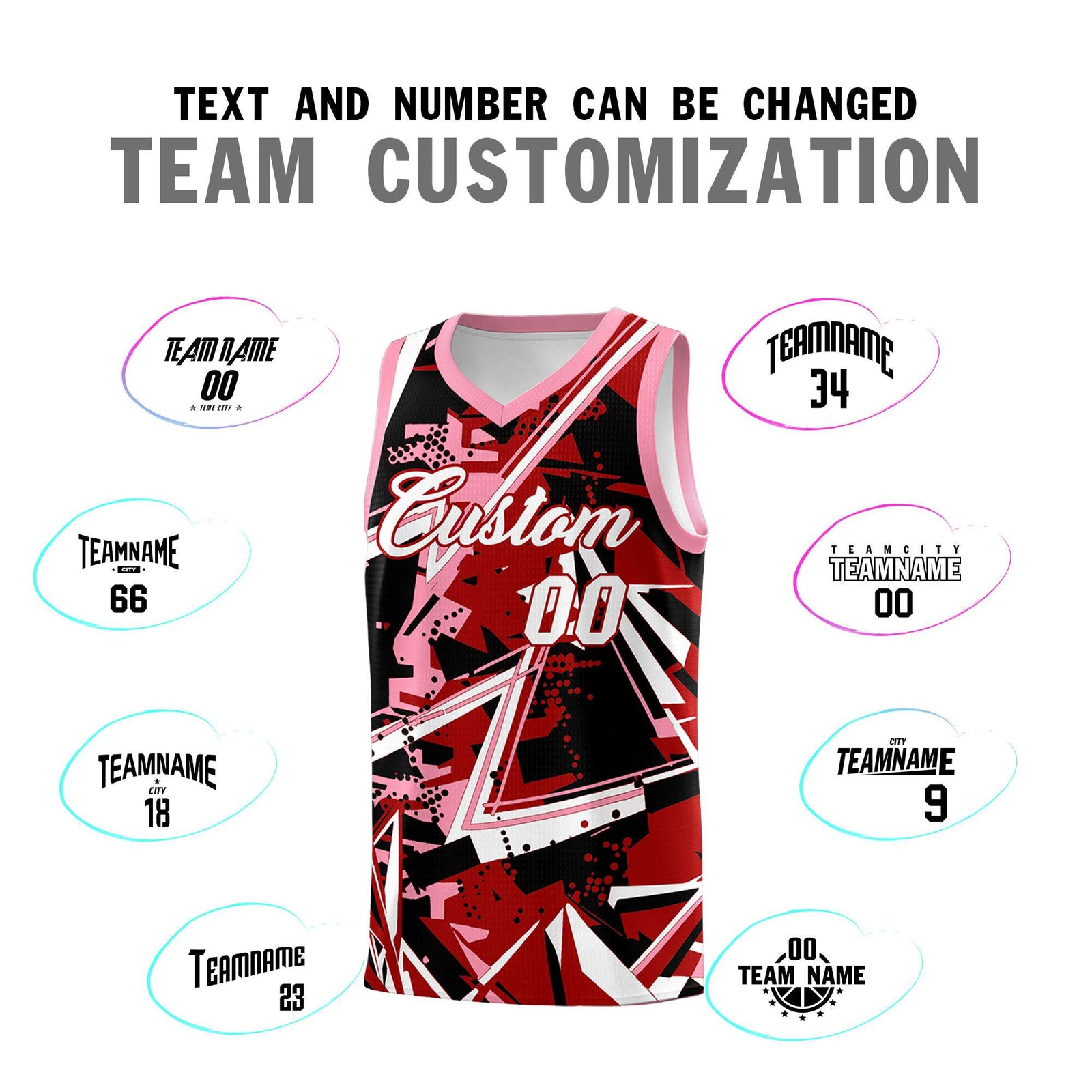 Custom Youth Basketball Jerseys Red Light Pink Abstract Graffiti Personalized Street Style Uniform