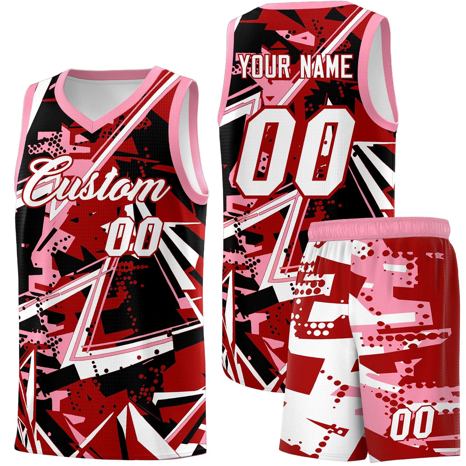 Custom Youth Basketball Jerseys Red Light Pink Abstract Graffiti Personalized Street Style Uniform