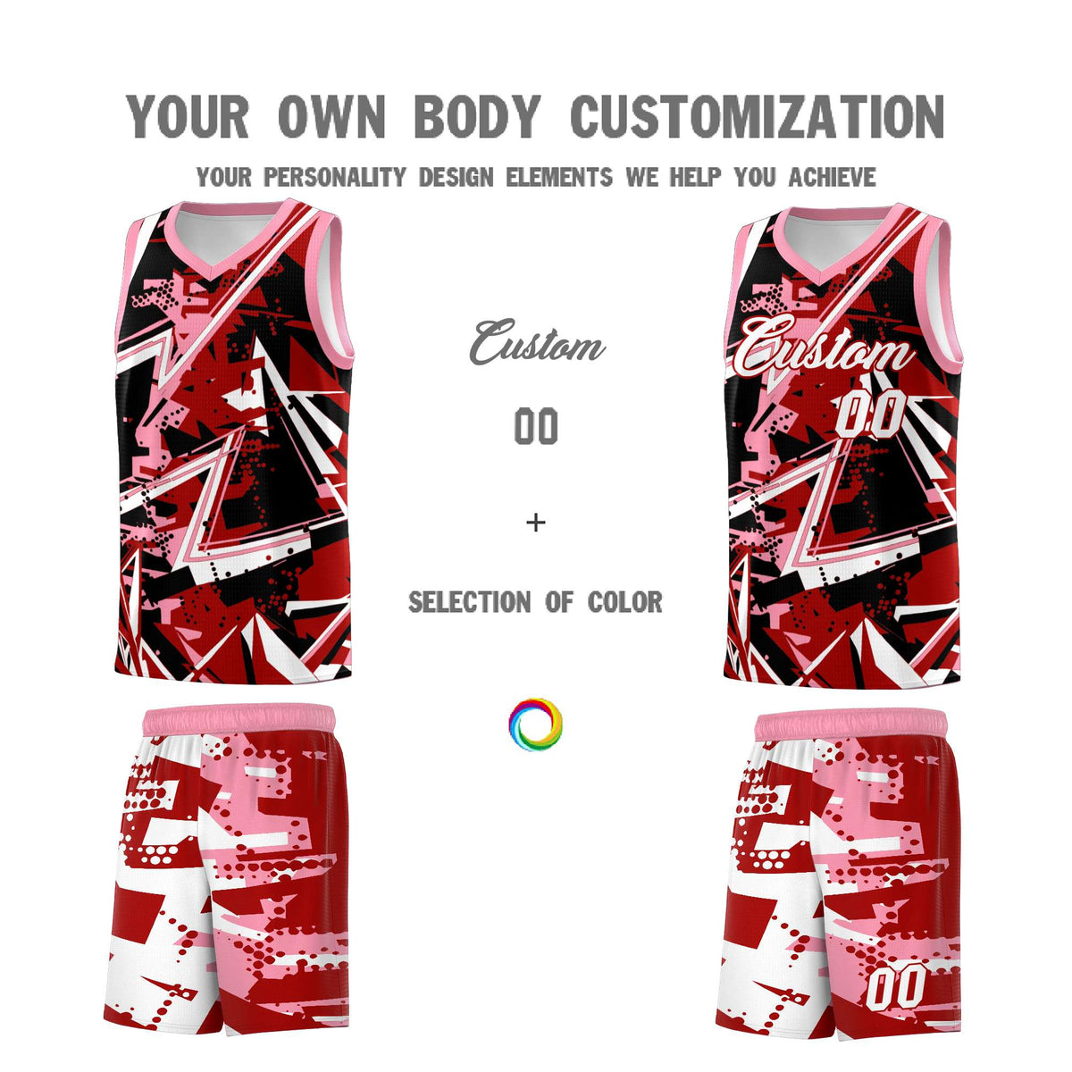 Custom Youth Basketball Jerseys Red Light Pink Abstract Graffiti Personalized Street Style Uniform