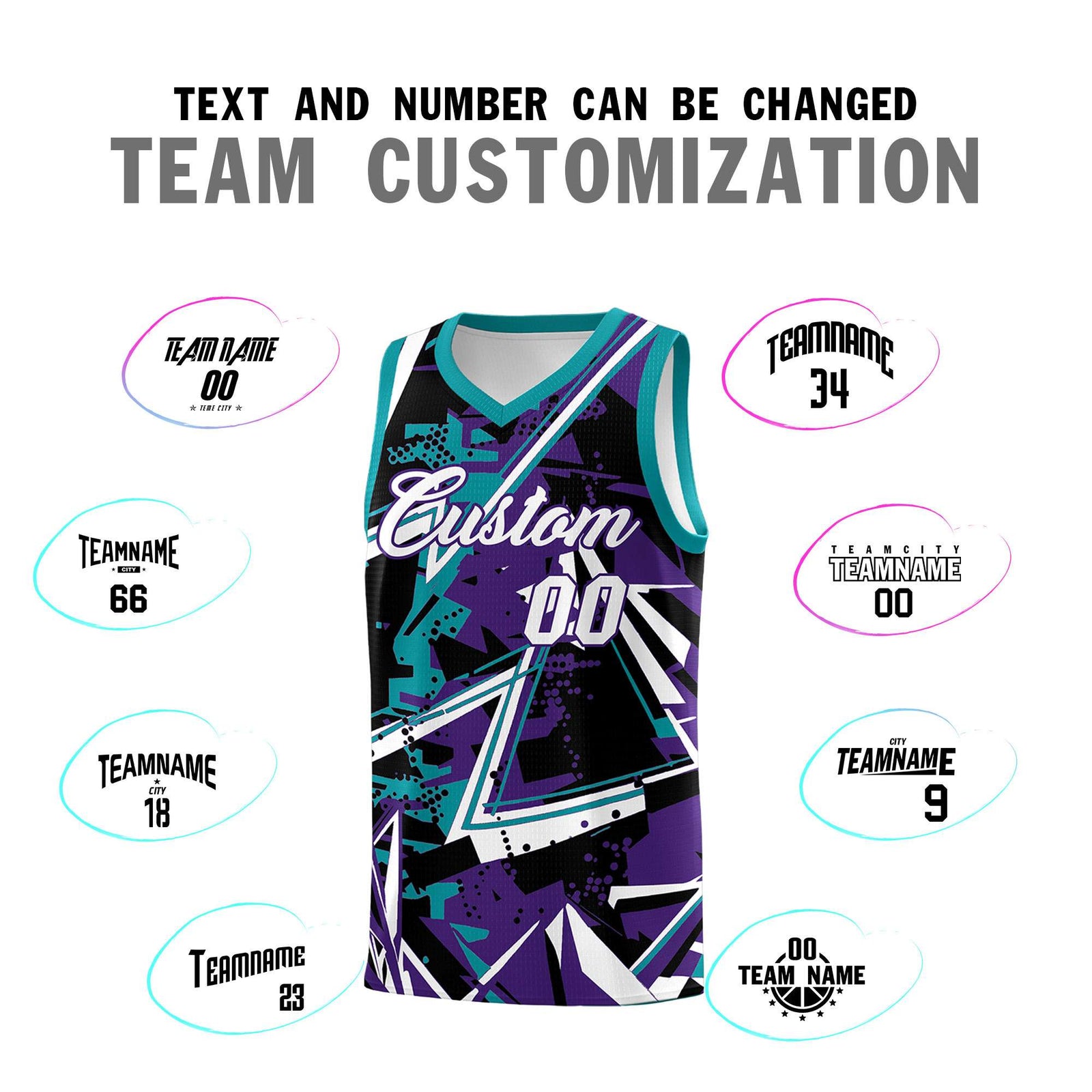 Custom Youth Basketball Jerseys Purple Teal Abstract Graffiti Urban Style Personalized Uniform