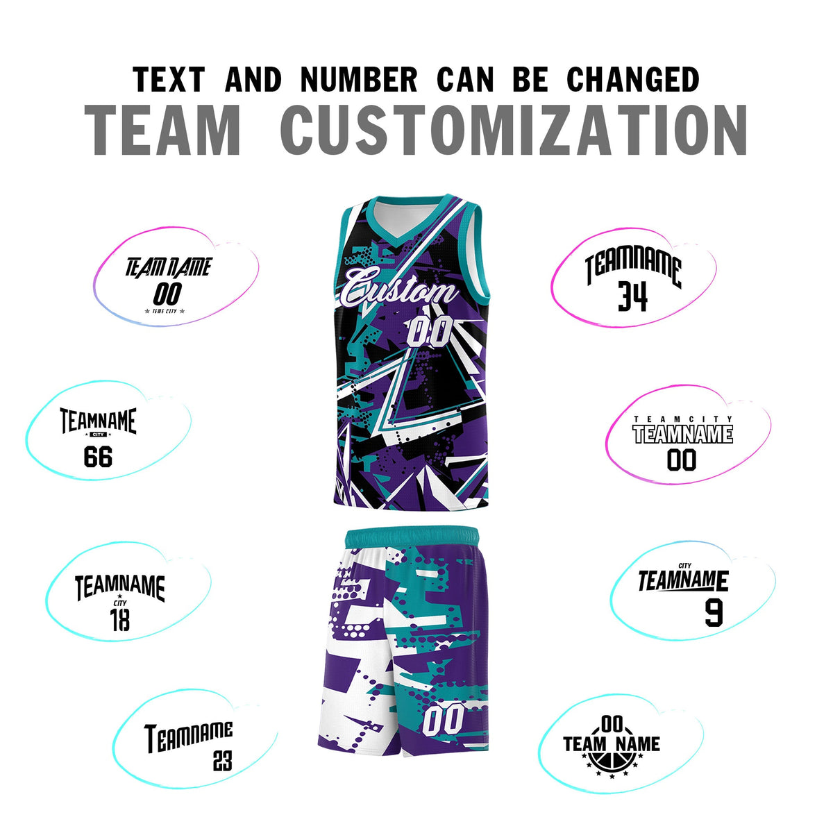 Custom Youth Basketball Jerseys Purple Teal Abstract Graffiti Urban Style Personalized Uniform