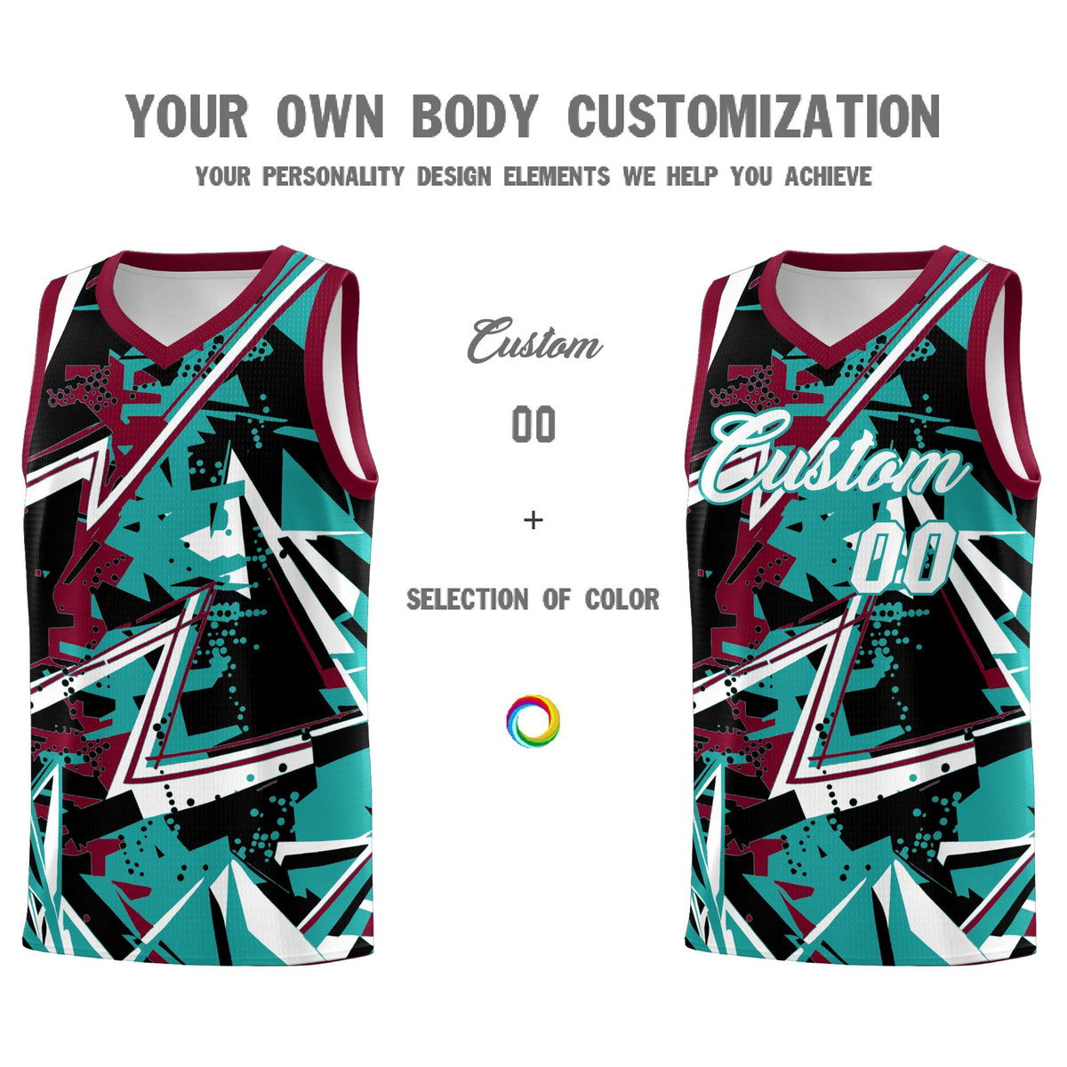 Custom Youth Basketball Jerseys Teal Crimson Abstract Graffiti Personalized Team Name &amp; Number