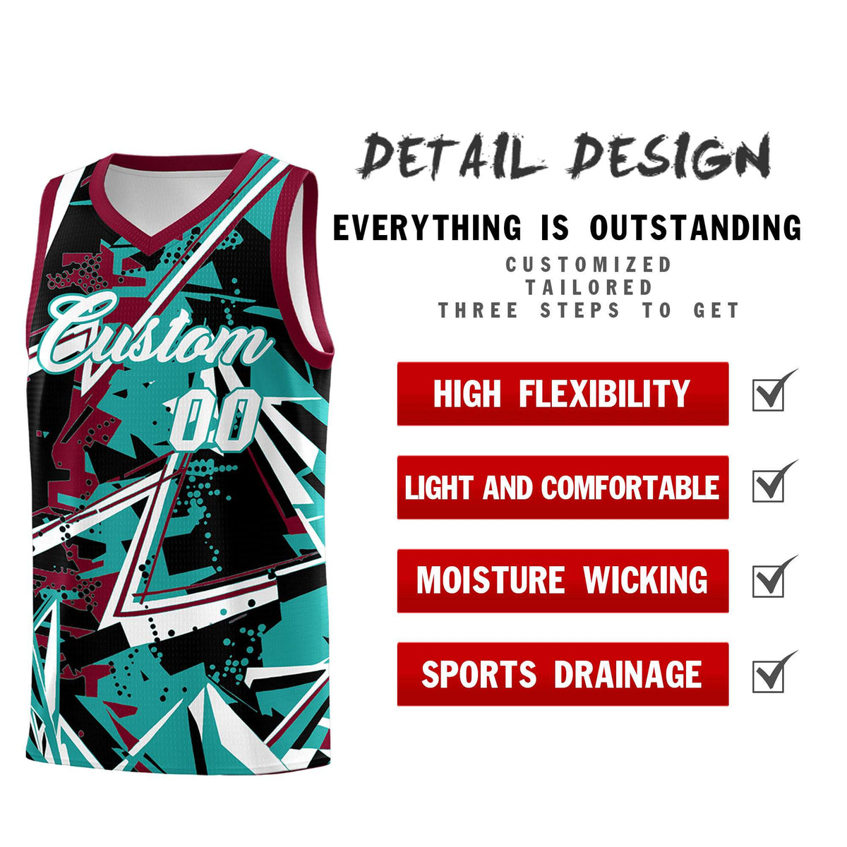 Custom Youth Basketball Jerseys Teal Crimson Abstract Graffiti Personalized Team Name &amp; Number