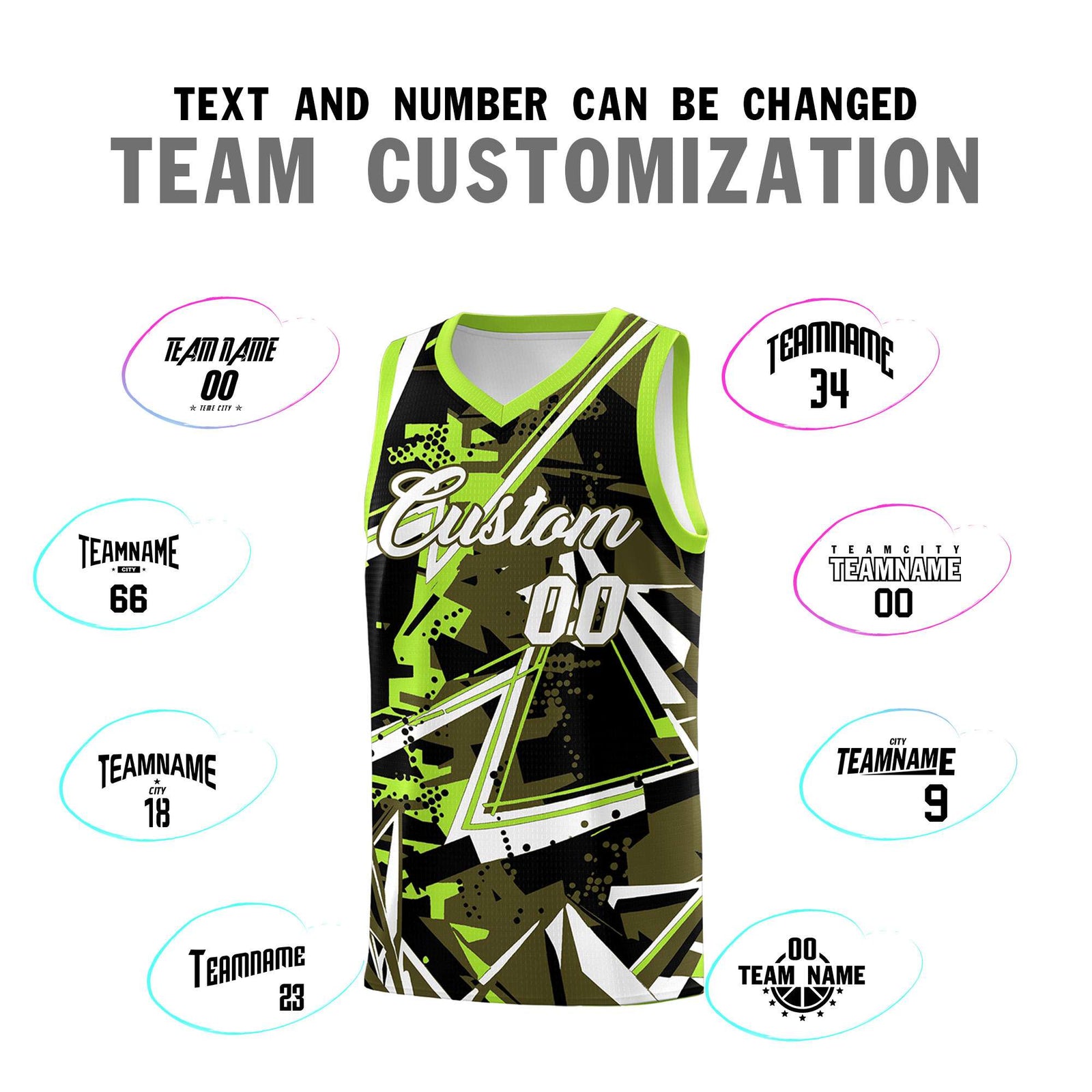 Custom Youth Basketball Jerseys Olive Neon Green Abstract Graffiti Personalized Street Style Uniform