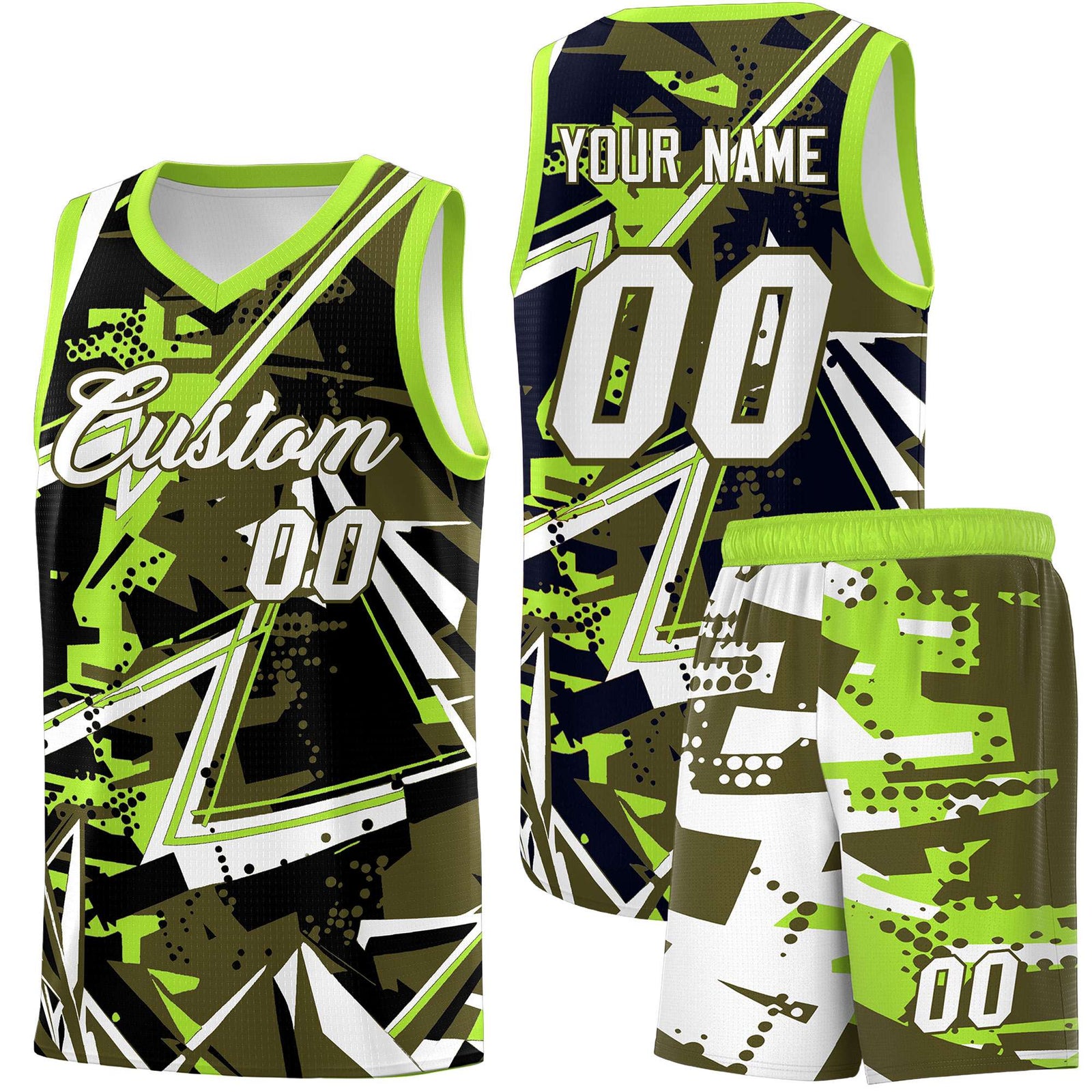 Custom Youth Basketball Jerseys Olive Neon Green Abstract Graffiti Personalized Street Style Uniform